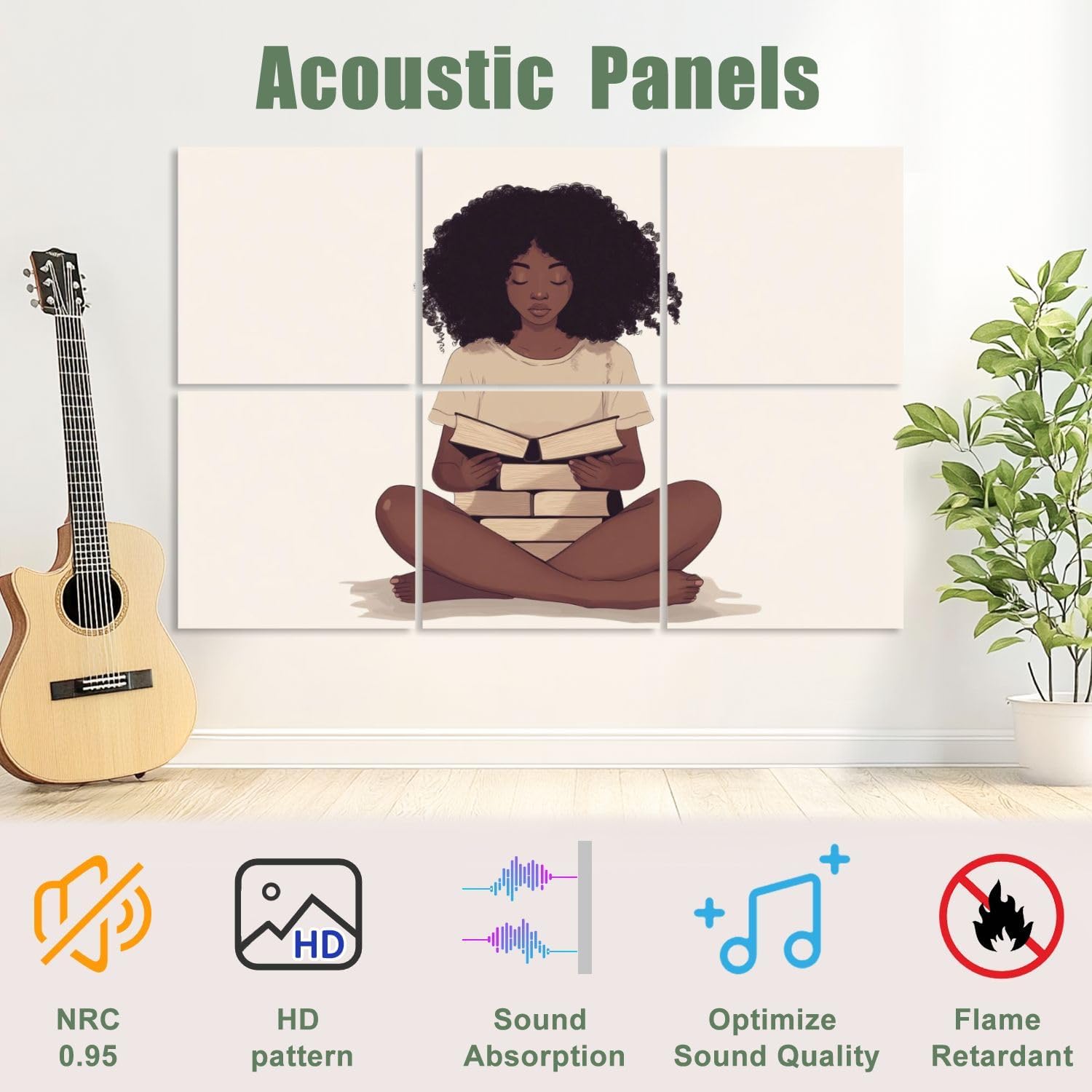 6 Pack Art Acoustic Panels Sound Absorbing African Girl Book Lover Modern Woman Reading Books Curly Hair Relaxed Decorative Soundproof Wall Panels Self Adhesive for Recording Studios Office 72