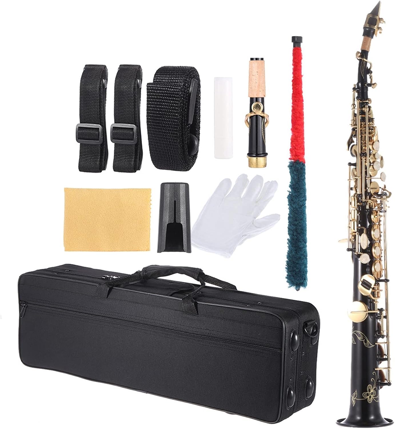 Brass Straight Soprano Bb B Flat Saxophone Woodwind Instrument Natural Shell Key Carve Pattern with Carrying Case Saxophone Straight (Color : Black)