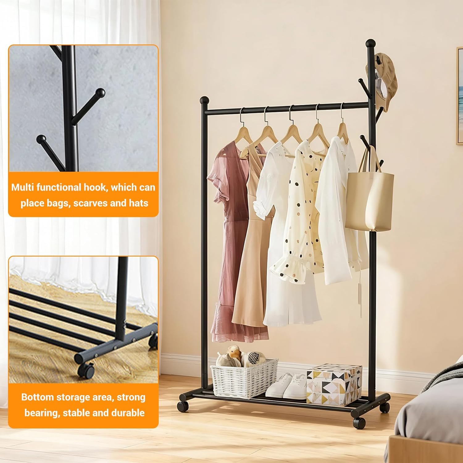 Small Clothes Racks for Hanging Clothes Clothing Rack with Wheels Metal Garment Rack with Shelves Portable Rolling Wardrobe Racks for Small Space Corner Bedroom Hallway Entryway Living Room Black
