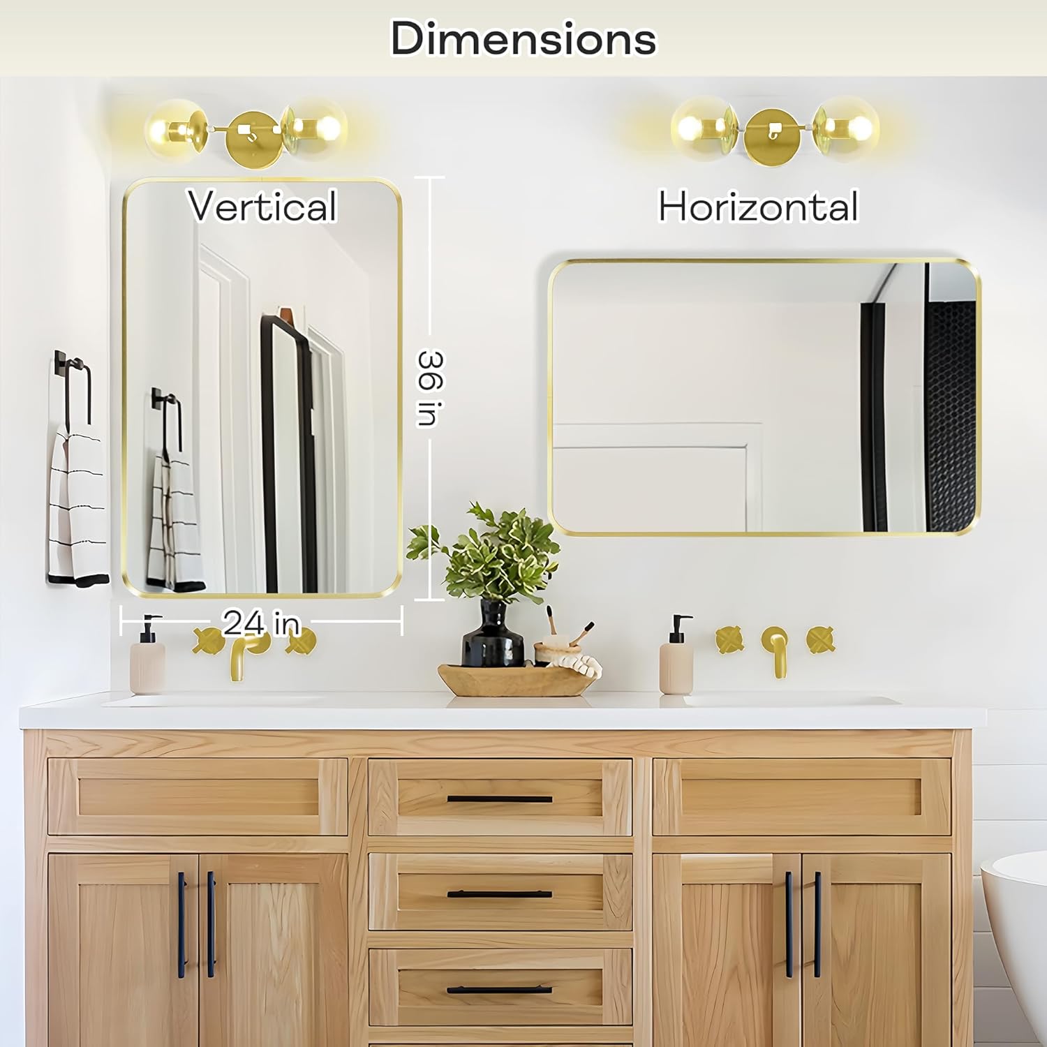 Wall Mount Mirror for Bathroom, Brushed Gold Metal Framed Rounded Corner Rectangular Vanity Mirror (24