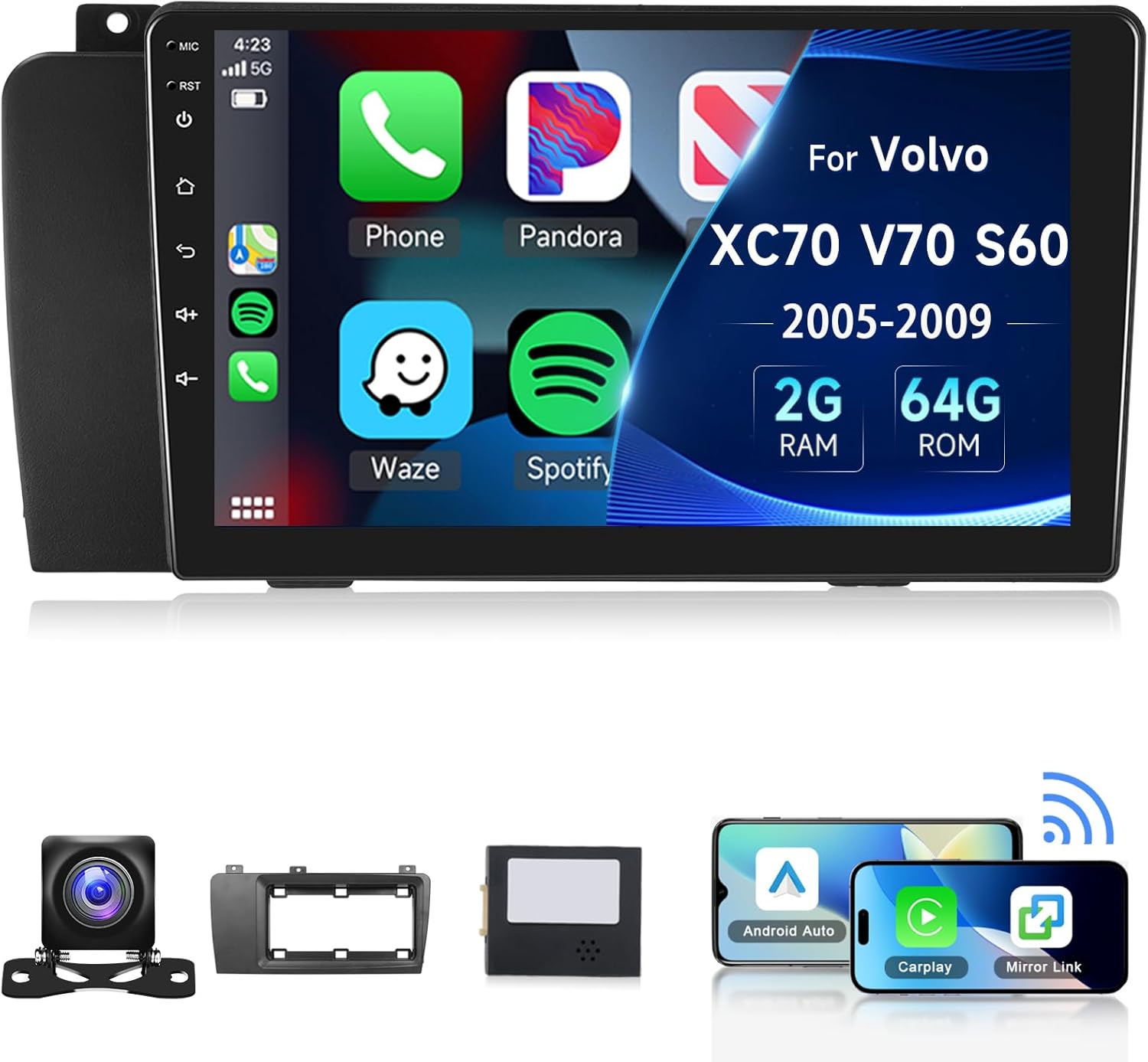 2+64G for Volvo XC70 V70 S60 2005-2009 Car Radio with Wireless Carplay/Android Auto,Android Car Stereo 9 Inch Touch Screen GPS Navigation WiFi Bluetooth FM/RDS Mirror Link SWC +Backup Camera&Mic