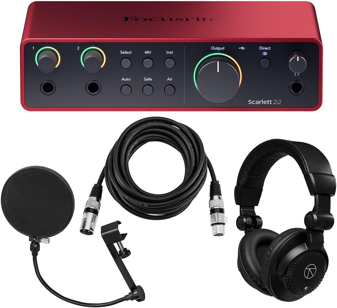 Focusrite Scarlett 2i2 4th Gen USB Interface with Software Suite, Bundle with Closed Baco Studio Headphones and 15' XLR Microphone Cable, Pop Filter with Gooseneck (4 Items)