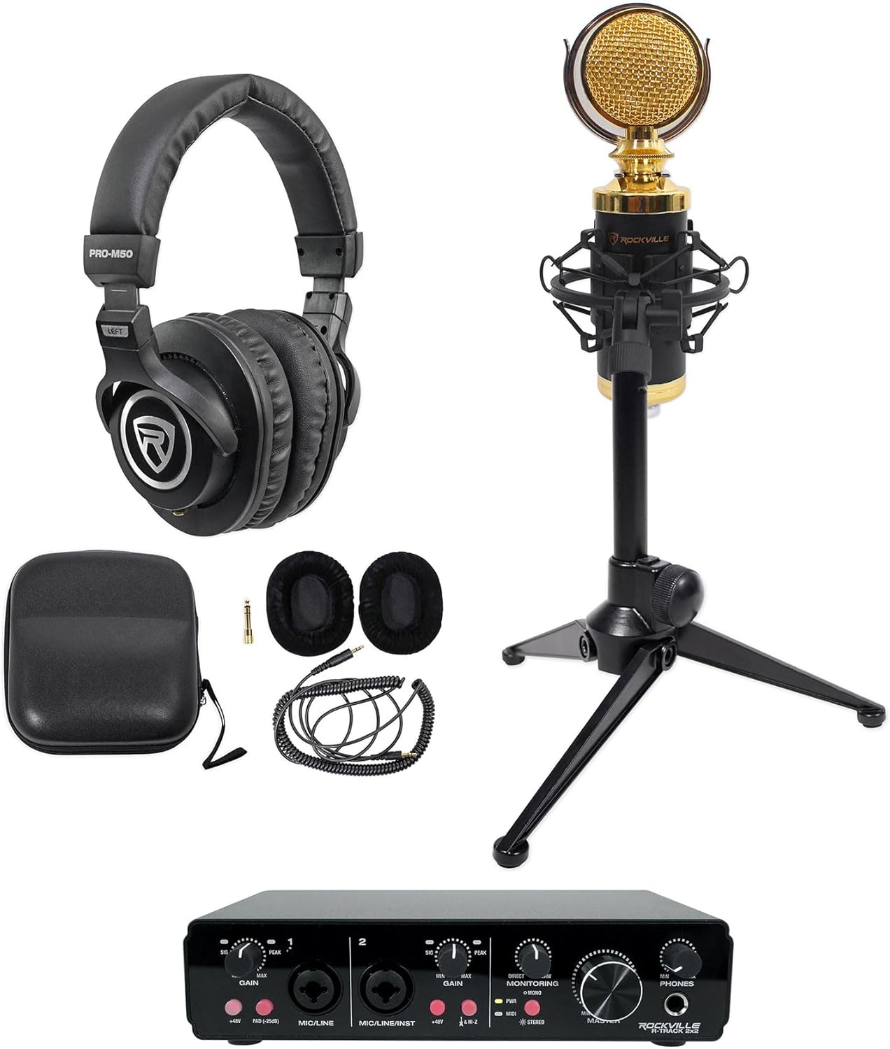 Rockville 1-Person Podcast Kit: R-TRACK 2x2 USB Audio Interface 24-Bit/192kHz, RCM02 Condenser Mic Cardioid Pattern, PRO-M50 Headphones 40mm Drivers, RDTS Adjustable Tripod Stand, 4-Items