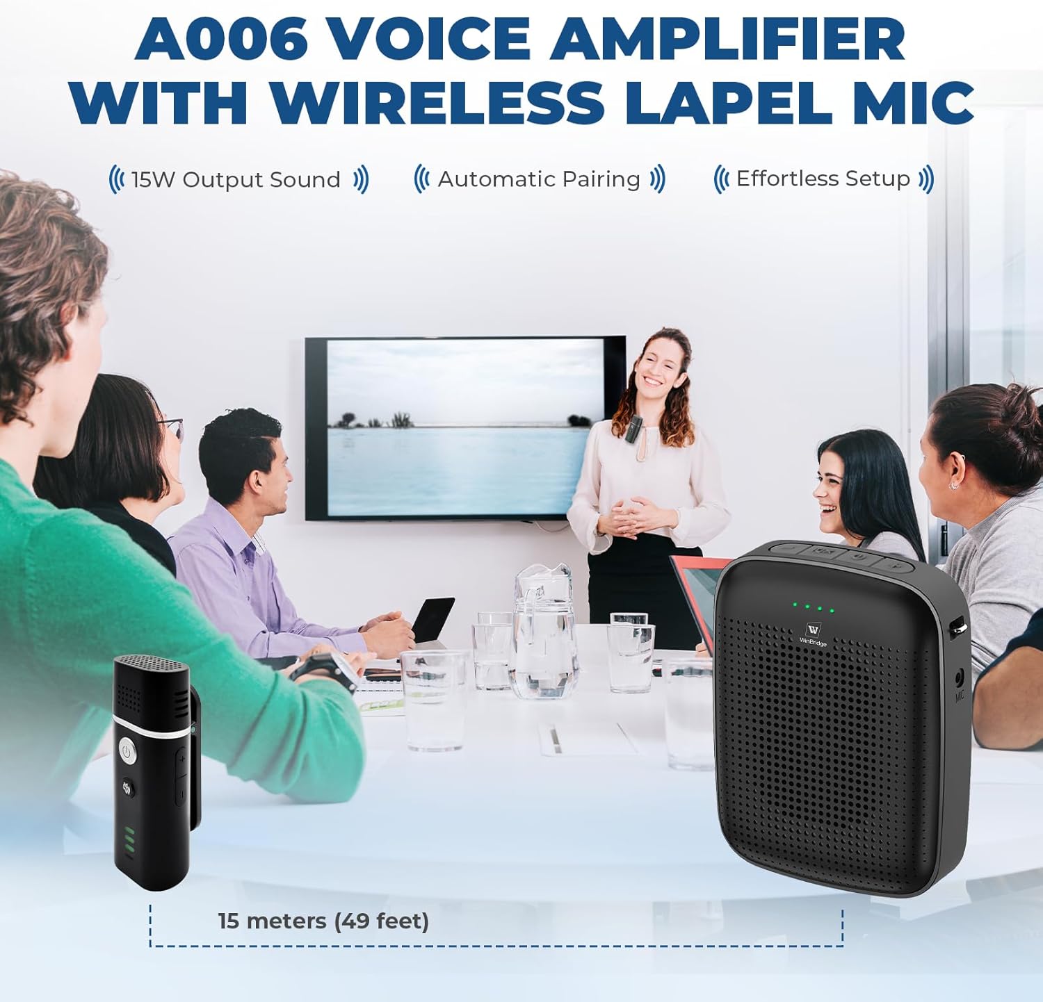 Voice Amplifier with Wireless Lapel Microphone - Personal Megaphone for Teachers, 15W Portable Mini Bluetooth PA System and Clip-on Lavalier Mic for Classroom, Speech, Yoga, Tour Guide - A006