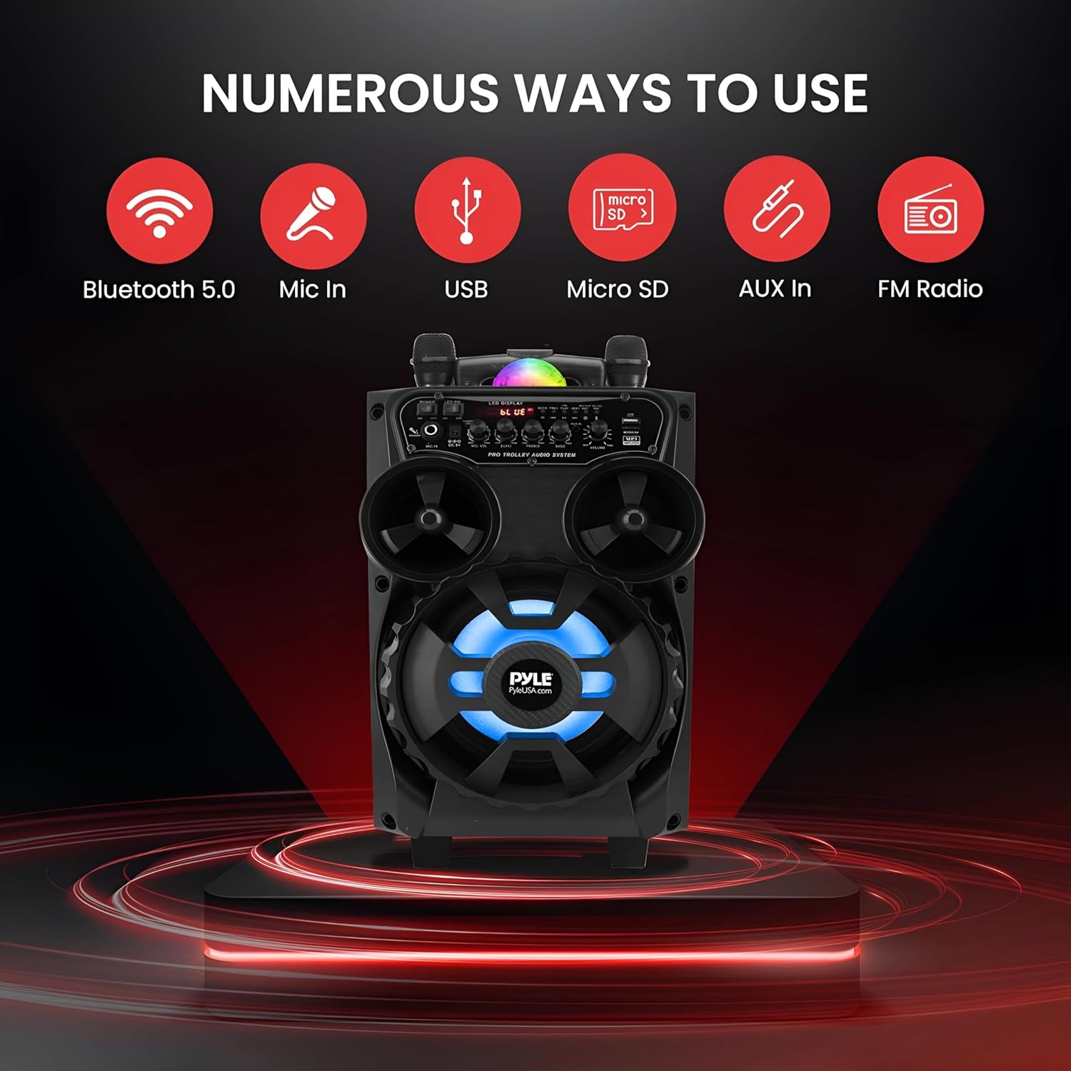 Pyle Portable Bluetooth PA Speaker - 580W 8” Rechargeable Outdoor BT Karaoke Audio System - TWS, Disco Party Lights, LED Display, FM/AUX/MP3/USB/SD, 6.5mm in, Trolley, Wheels - Wireless Mic, Remote