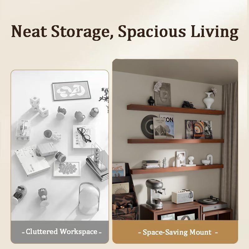 Floating Shelves for Wall, 72 Inch Extra Long Brown Wall Shelves, Set of 3, Hanging Invisible Brackets Floating Shelves for Living Room,Bedroom,and Kitchen