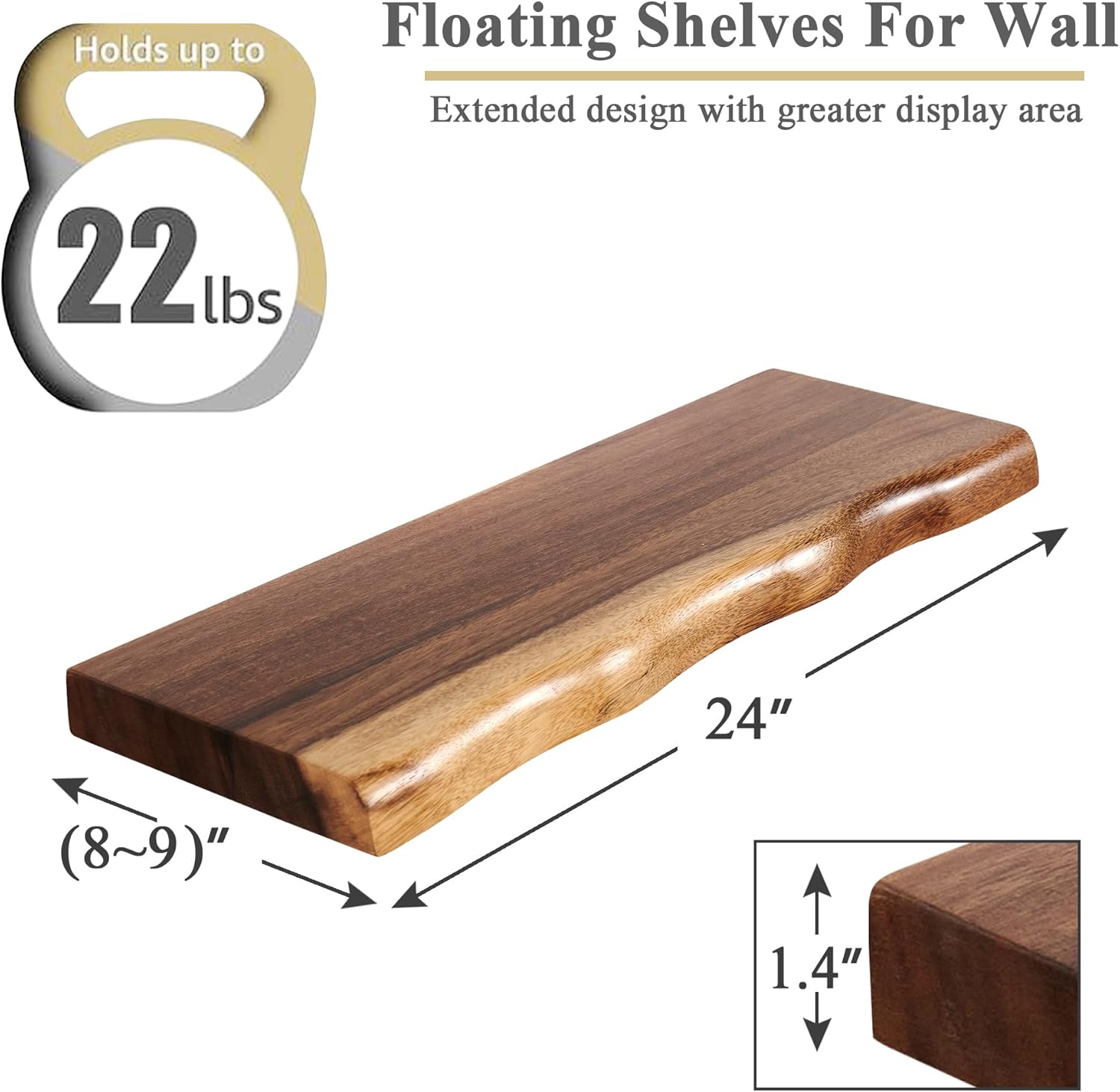 Greenage Live Edge Floating Acacia Wood Shelf 24