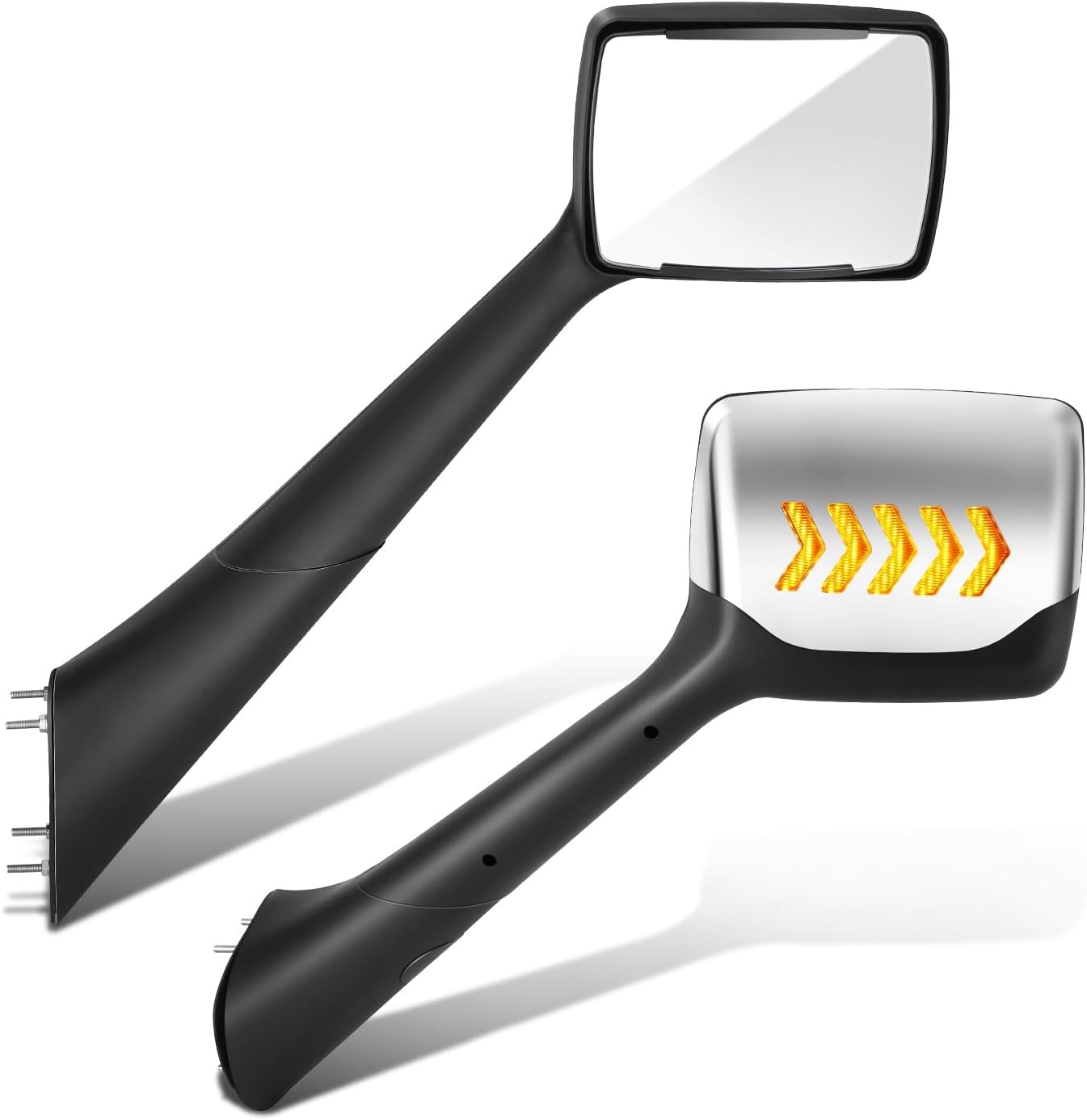 DNA MOTORING Pair of Hood Side View Mirror Compatible with 2022-2025 Peterbilt 579, Injection Molded Satin, Chevron Arrow Style LED Turn Signal Hood Mirror, Chrome, MIRROR-HAY-023-CH