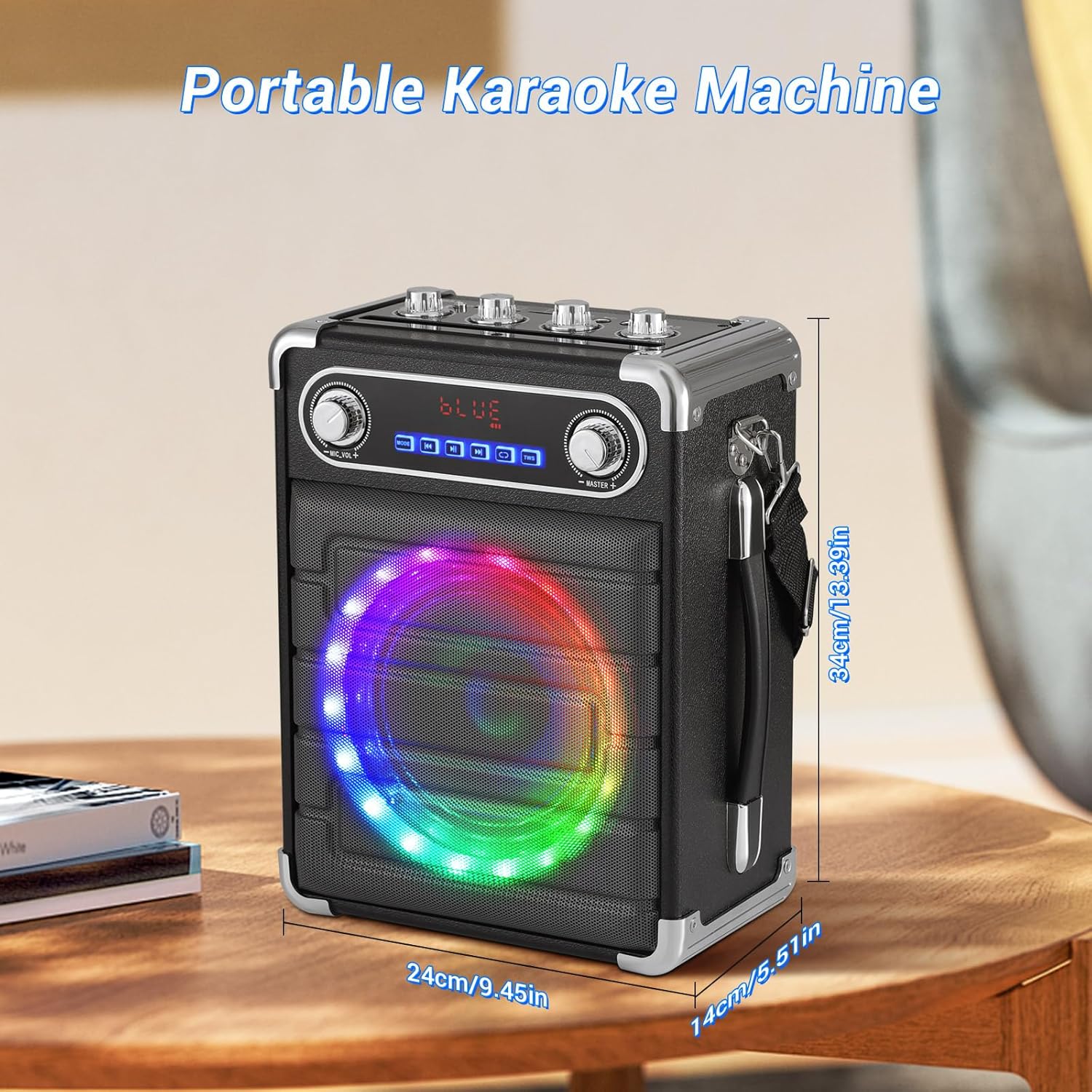 60W Karaoke Machine for Adults Kids, Portable Bluetooth Speaker with Bass/Treble Adjustment, Shoulder Strap, Remote Control, 2 Microphones, LED Lights, PA System Support TF/USB/AUX, TWS, Guitar