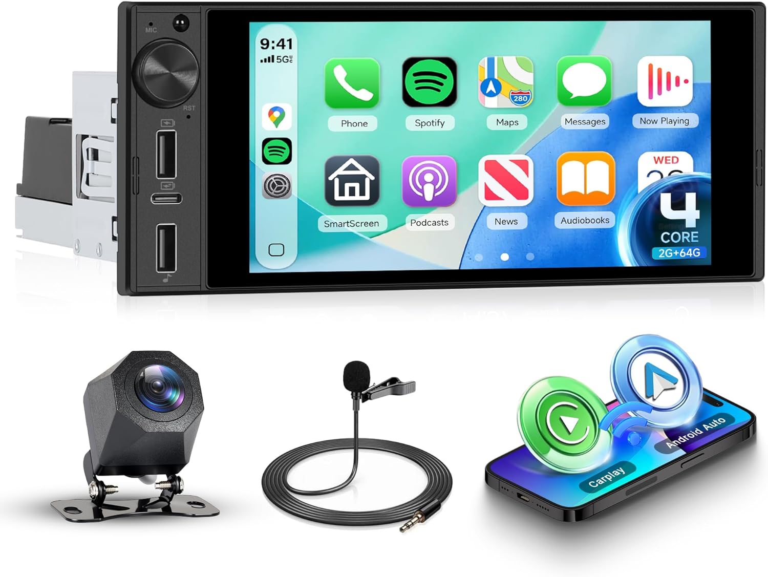 2G+64G Single Din Android Car Stereo with Wireless A-pple Carplay Android Auto, 6