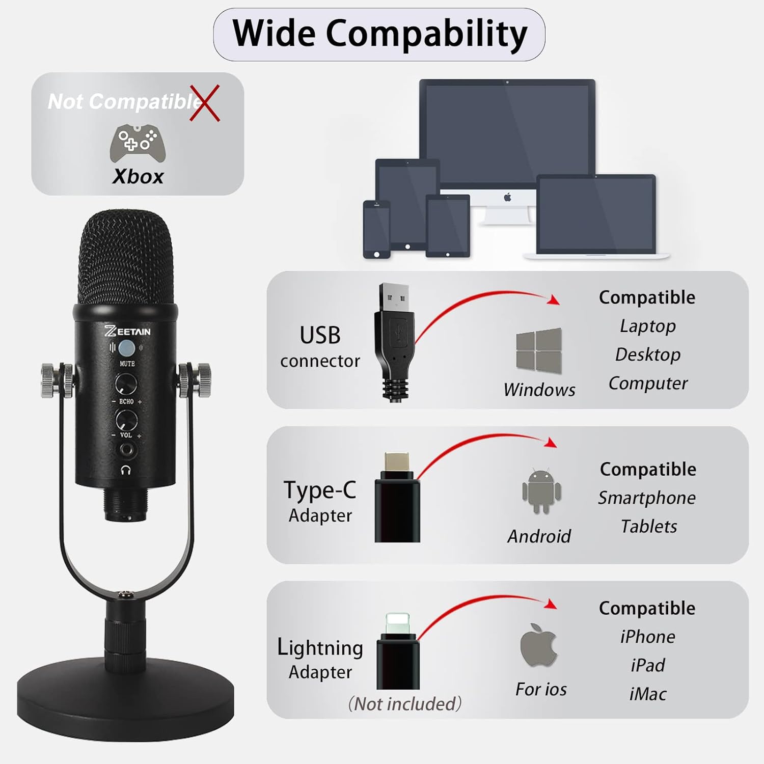 USB Condenser Microphone Compatible with PC/iPhone/Android,Computer Mic with Noise Cancelling & Reverb, Studio Microphone for Voice and Music Recording,Podcasting,Streaming,Gaming