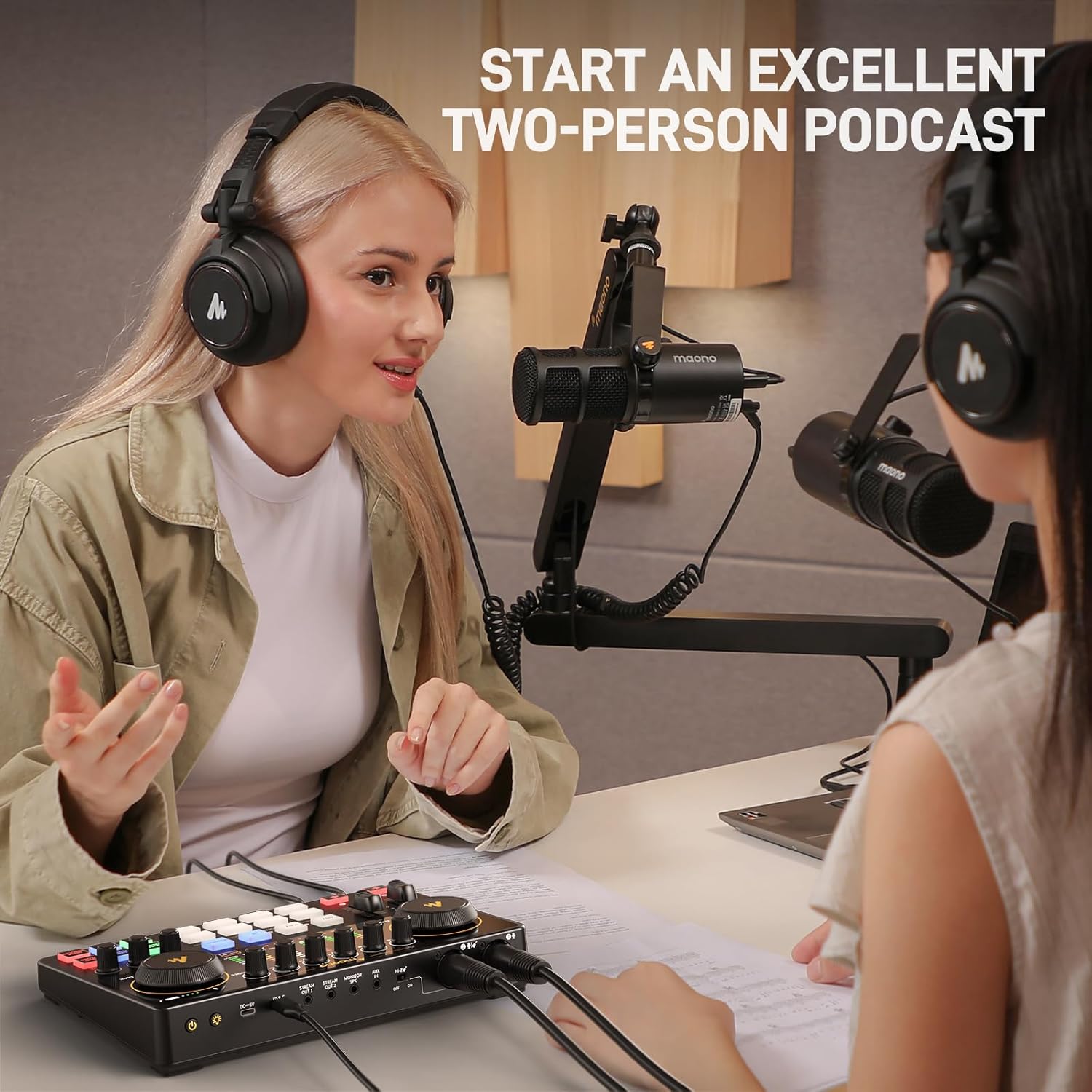 MAONO Podcast Equipment Bundle: Audio Interface, XLR Condenser Mic and Headphones with Dual XLR Input, Quick to Mute, Noise Reduction, 8 Customize soundpads for Podcast Recording, Streaming, YouTube