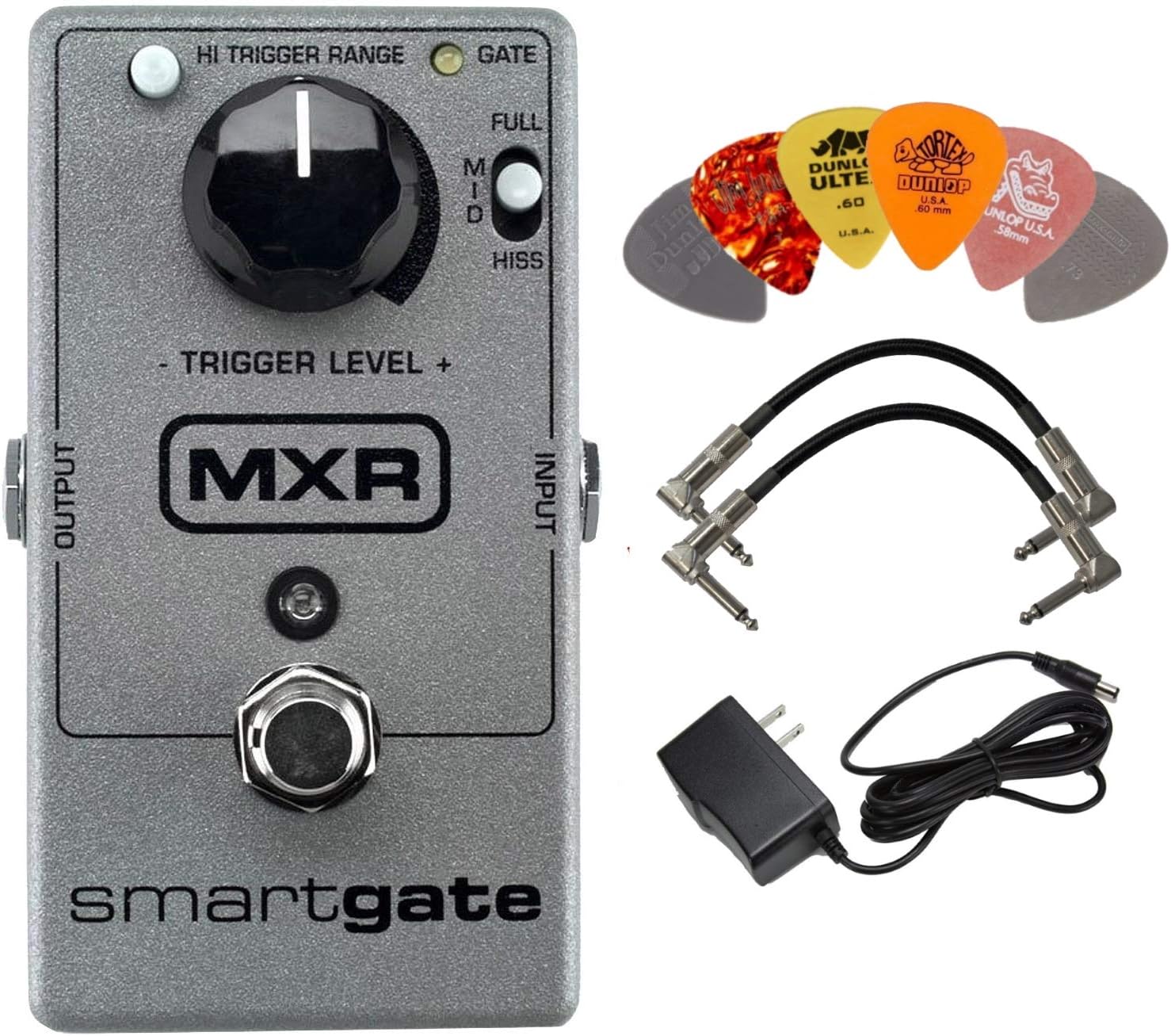 MXR M135 Smart Gate Noise Gate Effects Pedal BUNDLE with AC/DC Adapter Power Supply for 9 Volt DC 1000mA, 2 Metal-Ended Guitar Patch Cables AND 6 Dunlop Guitar Picks