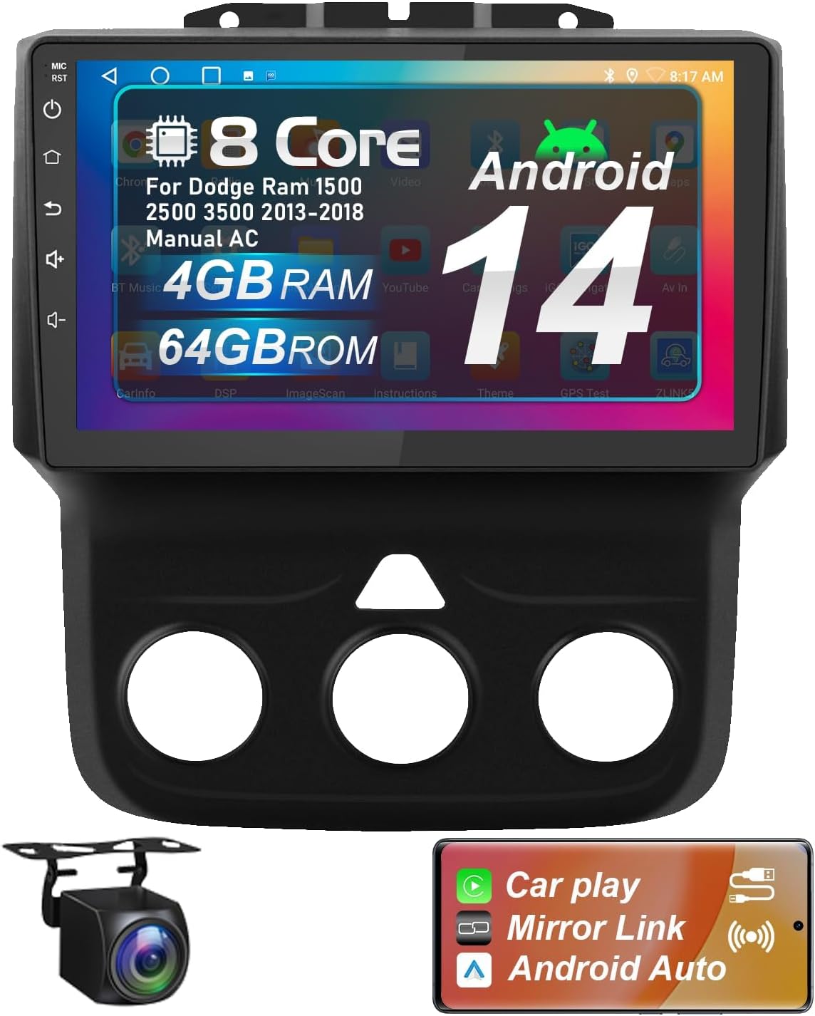 Upgraded 8 Core 4+64G Car Radio for Dodge Ram 2013-2019 1500 2500 3500 Manual AC Android 14 with Wireless Carplay&Android Auto 9
