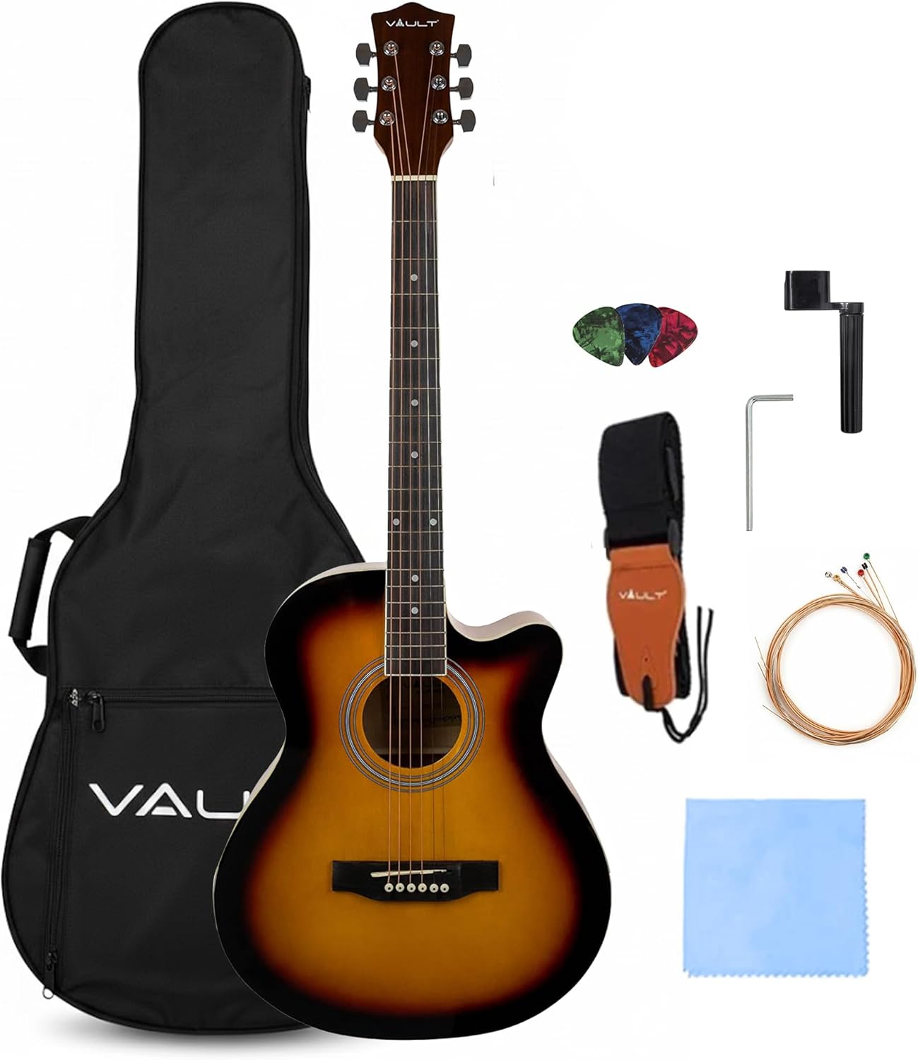 Vault EA-20 Full-Size Cutaway Acoustic Guitar - Sunburst Bundle with Gig Bag, Strap, Strings, String Winder, Allen Wrench, Picks, and Polishing Cloth