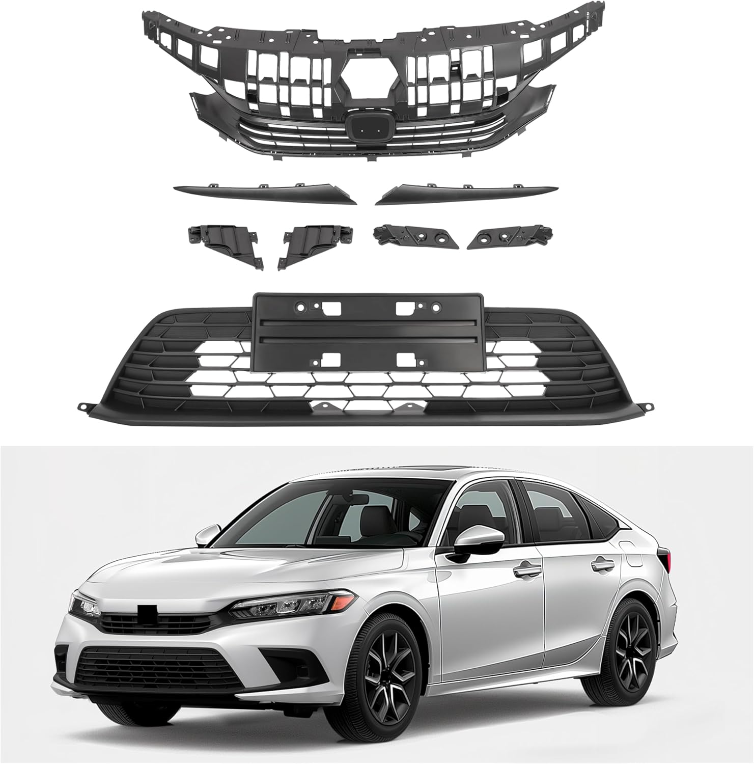 HECASA Front Grille Upper & Lower Compatible with 2022 2023 Honda Civic Front Bumper Mesh Grill Molding Trim Plastic(ABS+PP) Black w/License Plate and Eyelid Molding Trim
