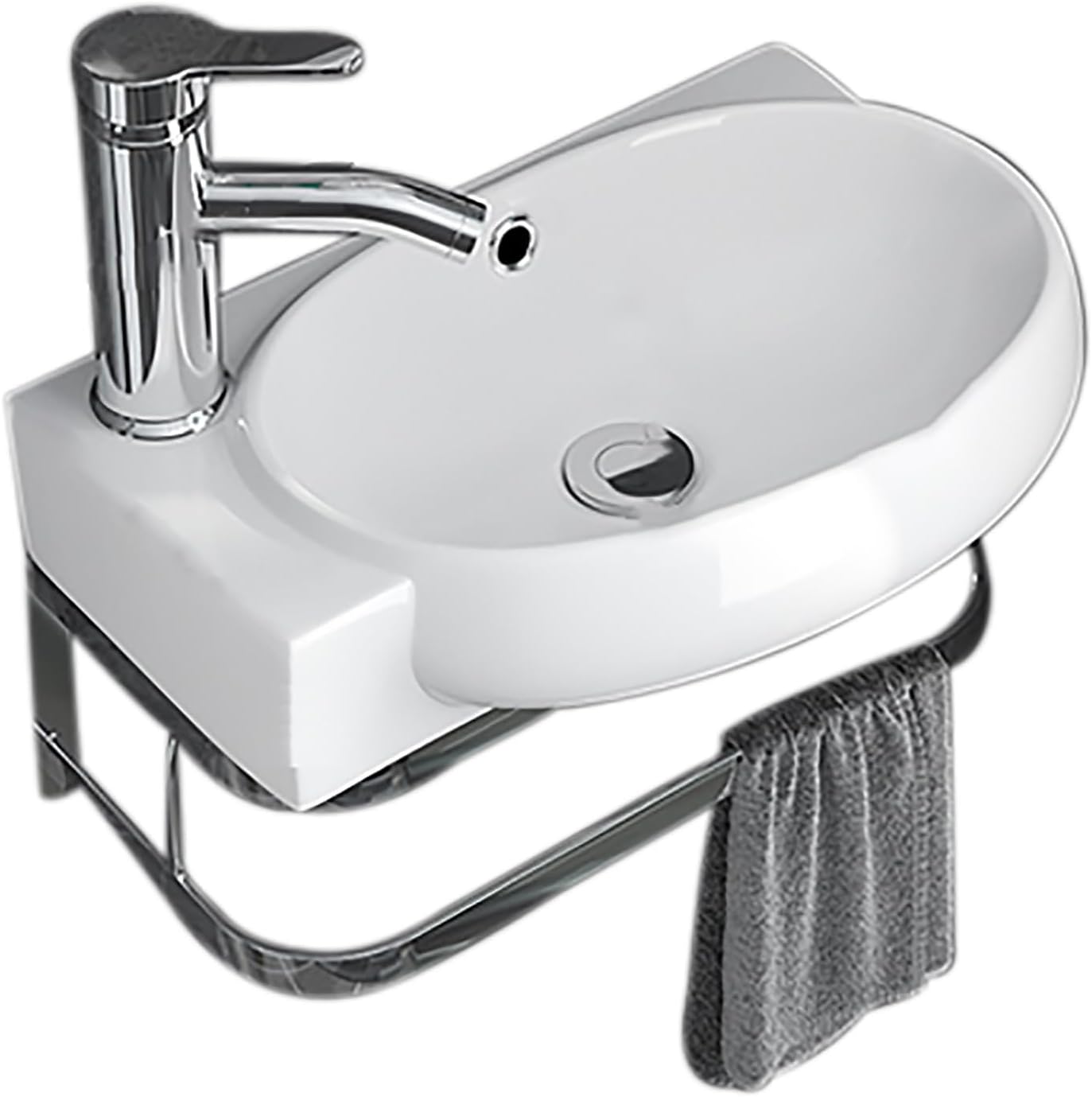 Bathroom Corner Wall Mount Sink Porcelain Ceramic Wall Mounted Bathroom Vessel Sink Wall Mount White Triangle Porcelain Ceramic with Faucet Drain Towel Bar for Small Bathroom Cloakroom.