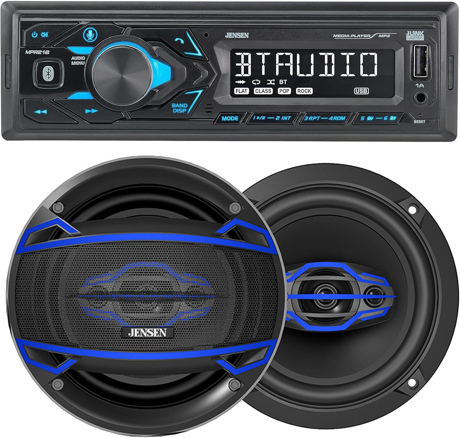 JENSEN MPR210 7 Character LCD Single DIN Car Stereo Radio & JS6504 6.5 inch Car Speakers