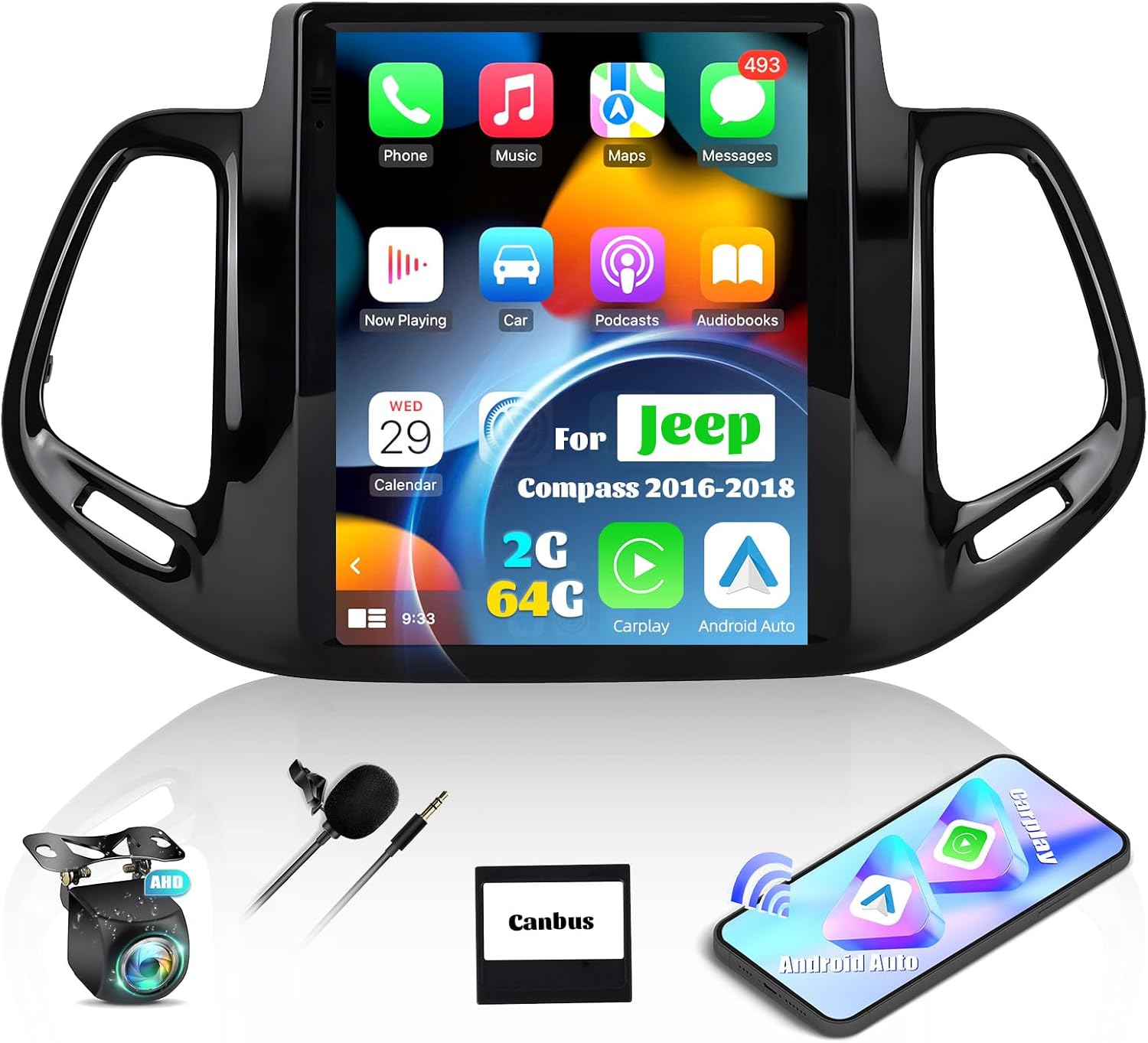 2G+64G Android 13 Car Stereo for Jeep Compass 2016-2018 with Wireless Carplay Android Auto,9.7