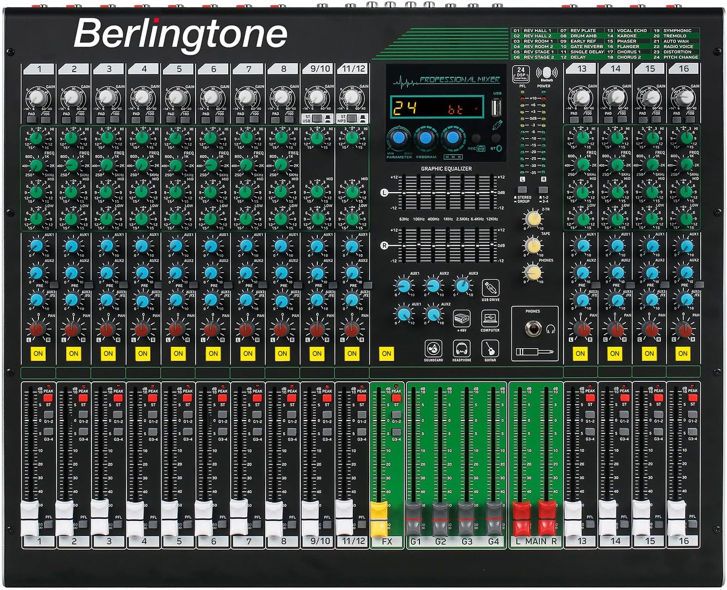 16-Channel Professional Bluetooth Audio Mixer with USB, PC Recording, 24 DSP Effects, 48V Phantom Power, 14 Mic Jack, 2 Stereo Input Soundboard,14 band EQ, RCA Input/Output (BR-216MX)