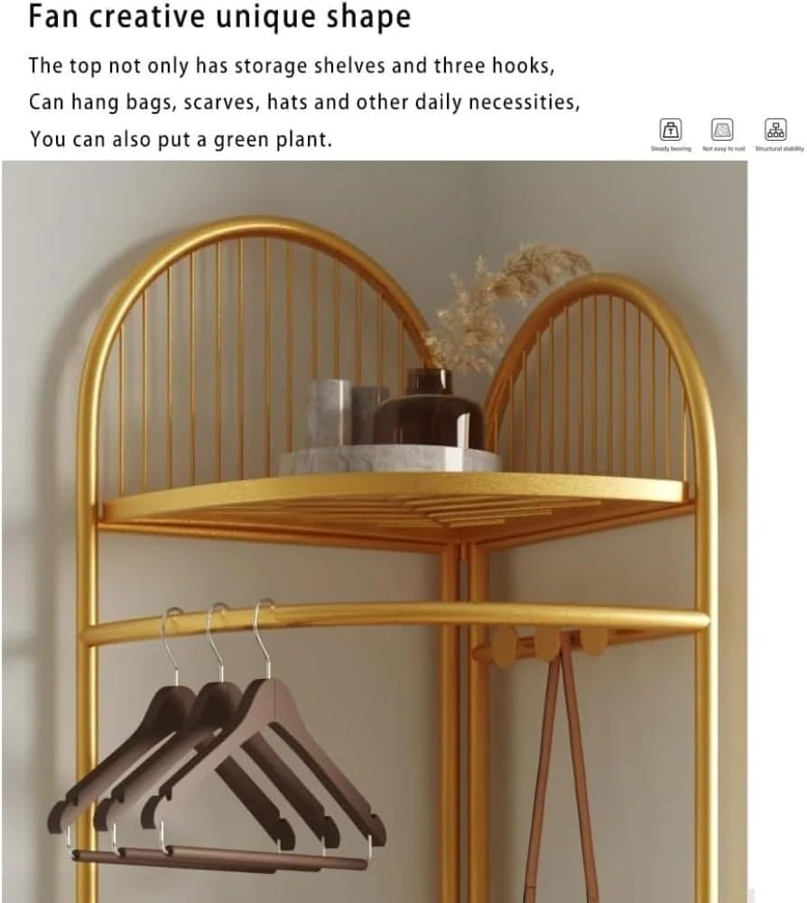 Coat Racks Corner Coat Rack With Storage Basket And Hooks Metal Clothes Rack For Entryway, Hallway, Bedroom, Office Coat Rack Stand(Golden)