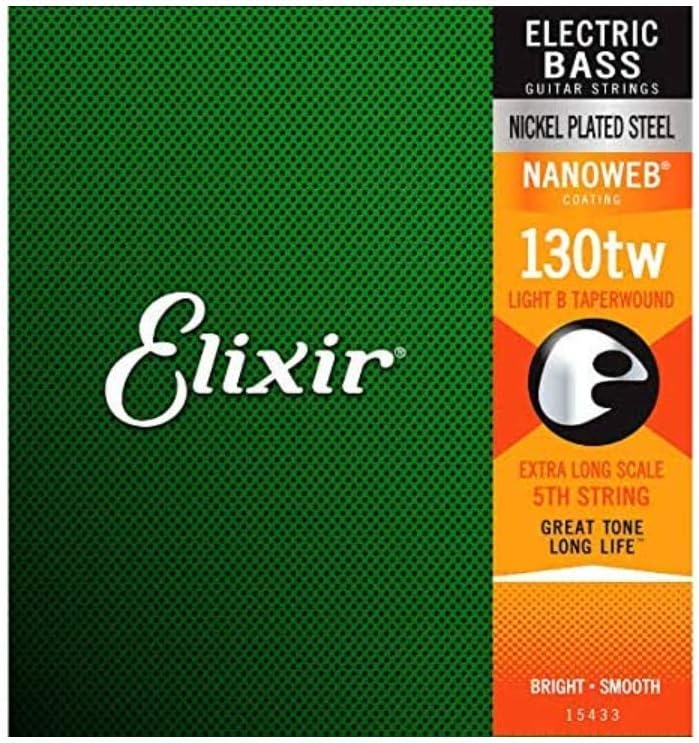 Elixir Strings Nickel Plated Steel 4-String Bass Strings w NANOWEB Coating & Strings Nickel Plated Steel with NANOWEB® Coating, Custom Bass 5th String Single, Light B, Extra Long, Gold