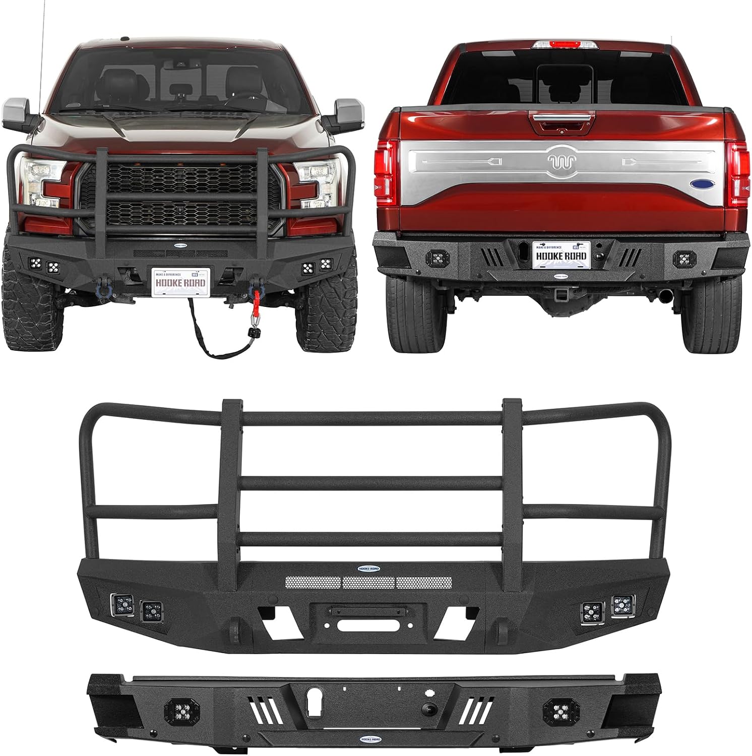 Hooke Road 15-17 F150 Front and Rear Bumper Set w/Grille Guard Protector for 2015 2016 2017 Ford F-150(Exclude Raptor), Offroad Steel Bumper Brush Push Bar with Winch Plate, LED Lights