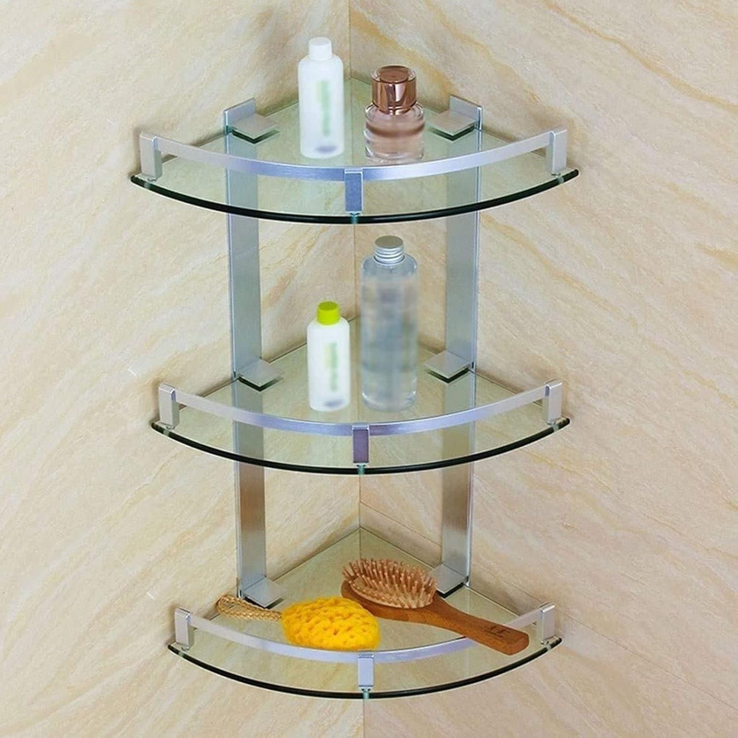 Bathroom Corner Shower Shelf, 3 Tier Glass Organizer Shelves, Aluminum Caddy Rack Triangle Wall Mount 7mm Glass Bathroom Shelf