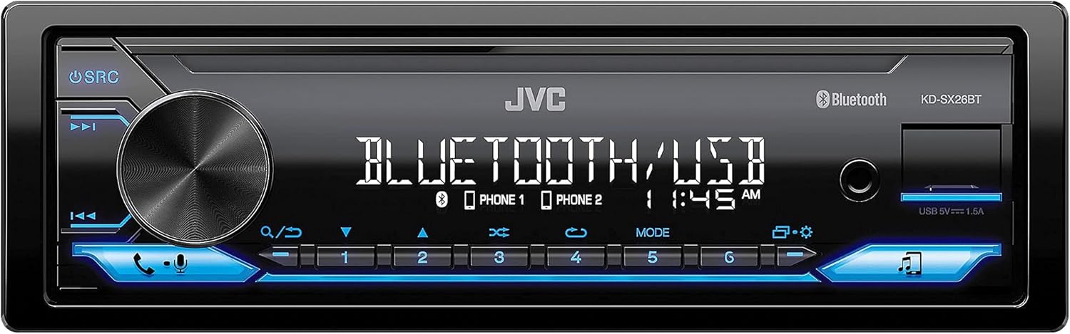JVC KD-SX26BT Bluetooth Car Stereo Receiver with USB Port – AM/FM Radio, MP3 Player, High Contrast LCD, Detachable Face Plate – Single DIN – 13-Band EQ (Renewed)