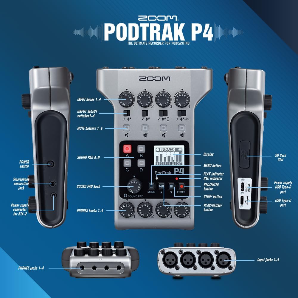 Zoom PodTrak P4 Portable Multitrack Podcast Recorder, Audio Interface w/ 4 Mic Inputs, 4 Headphone Outputs with 64GB SD, 2X XLR Cable, Headphone w/Built-in Mic, Batteries, and More