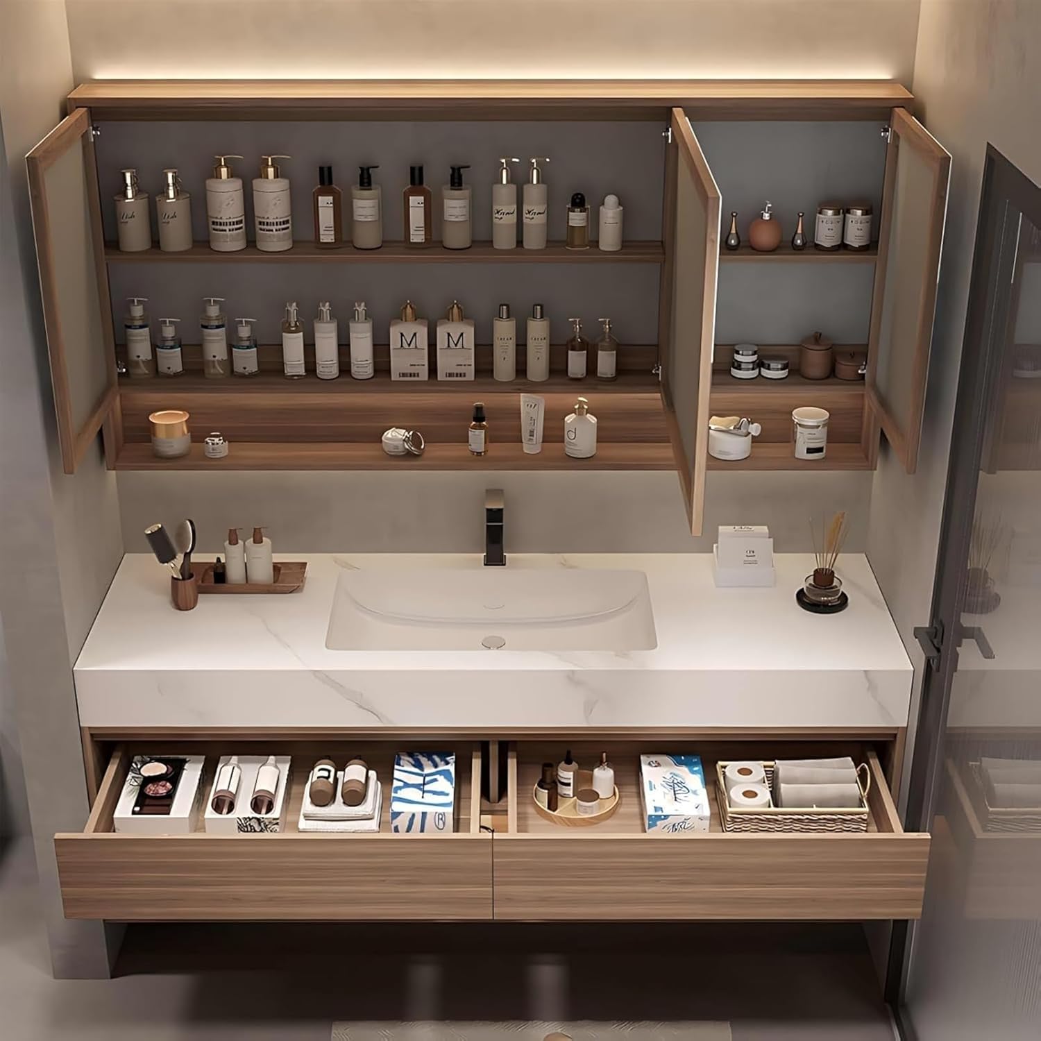 42 in Stylish Bathroom Vanity with Sink - Floating Bathroom Vanity Set - Includes Smart Defogging Mirror Cabinet & Faucet - Multi-Layer Solid Wood Material - Wall Mount