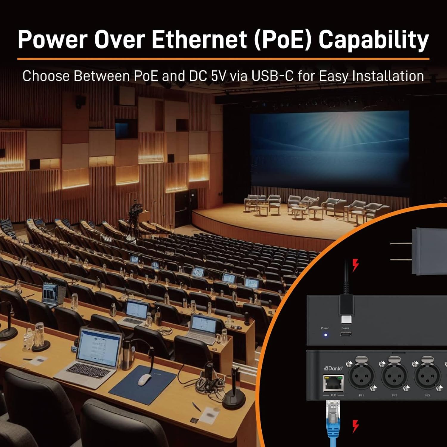 Dante Audio 4 Channel Analog Audio Network Interface Box, Four 3-Pin XLR inputs, PoE, Aluminum Housing, TAA Compliant (MSQ-3900D)
