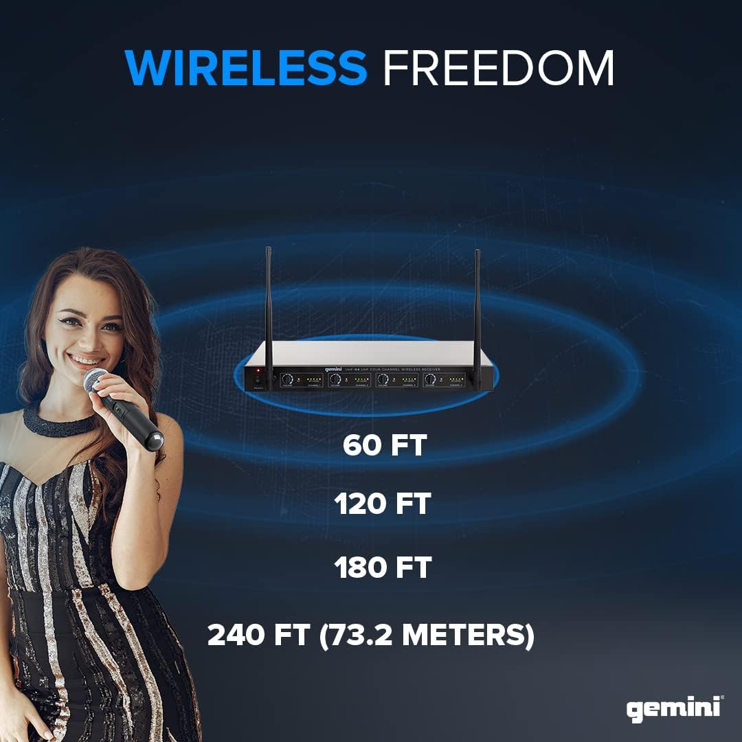 Gemini Sound UHF-04M Wireless Cordless Professional Set of 4 Handheld Microphones and Receiver for DJ, Karaoke, Stage Performance or PA System Four Pack