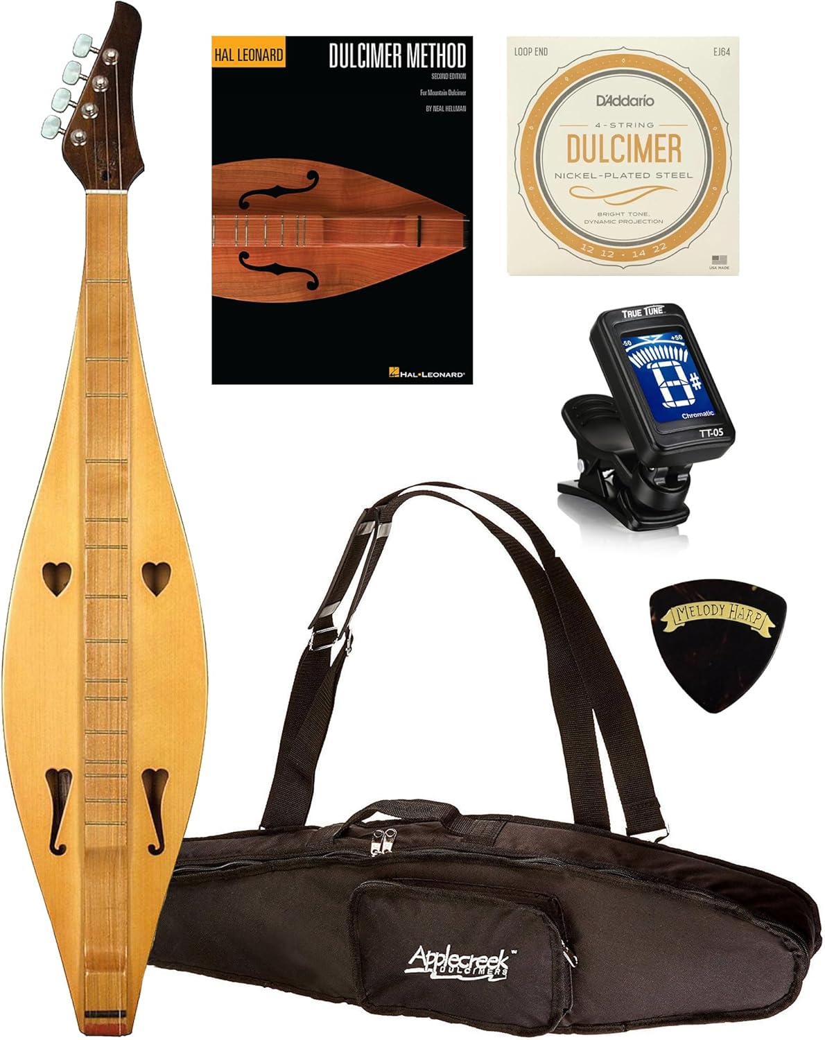 Applecreek ACD100 Dulcimer 4-String Spruce Teardrop Appalachian Mountain Instrument with Bag, Hal Leonard Book, D'Addario J64 Strings Bundle - Made in Romania ACD100K