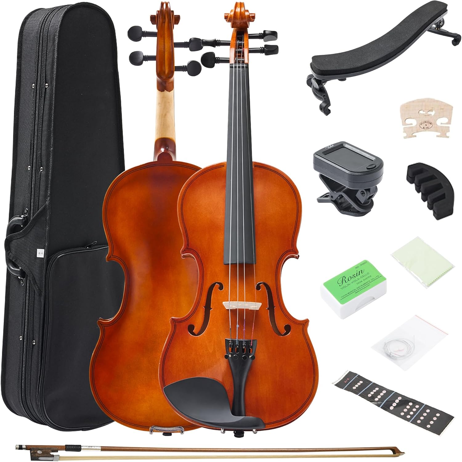 4/4 Acoustic Violin for Beginners, Full Size Plywood Fiddle Set for Kids and Adults with Hard Case, Bow, Extra Strings, Shoulder Rest, Rosin, Clip-on Tuner, Fingerboard Stickers, and Mute.
