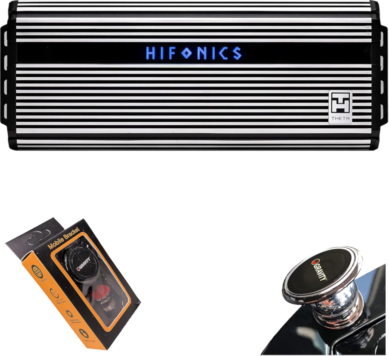 Hifonics ZTH-3225.1D Zeus Theta Compact Mono Channel Car Audio Amplifier (Silver) – Class D Amp, 3200-Watt Built-in Bass Control, Bass Remote Included with Gravity Phone Holder Bundle