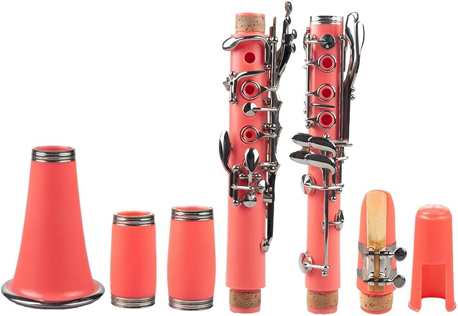 Standard Clarinet Pink ABS Clarinet Bb Cupronickel Nickel Plated 17 Keys with Cleaning Cloth Gloves Woodwind Instrument Beginner Clarinet