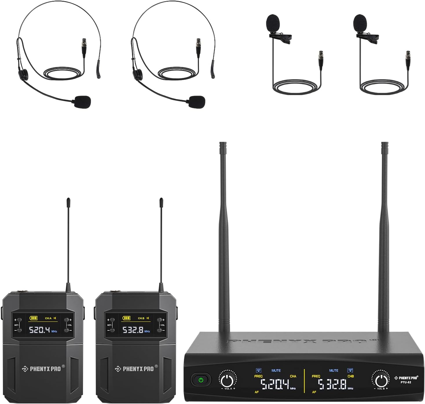 Phenyx Pro UHF Wireless Microphone System w/ 2x30 Tunable Frequencies, Metal Cordless Mic Set, 200 ft Range, 2 Bodypacks & Headsets/Lapel Mics for Speaking, Singing, Church, DJ (PTU-52-2B)