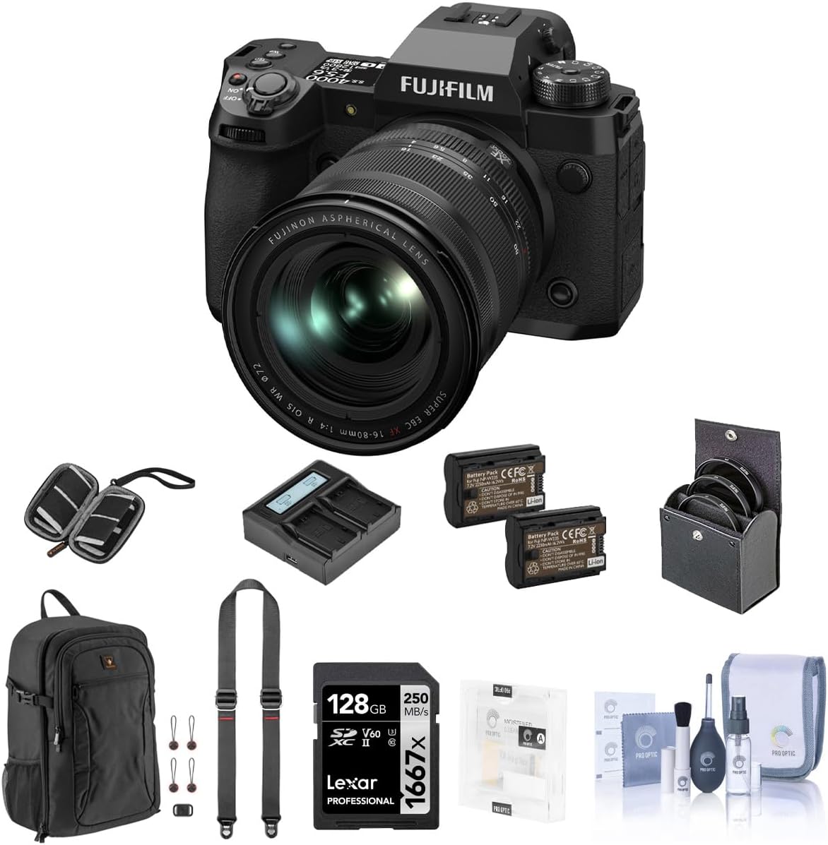 Fujifilm X-H2 Camera with XF 16-80mm f/4.0 R OIS WR Lens Bundle with 128GB SD Card, Camera Backpack, 2x Extra Battery, Charger, Strap, Screen Protector, 72mm Filter Kit, SD Card Case, Cleaning Kit