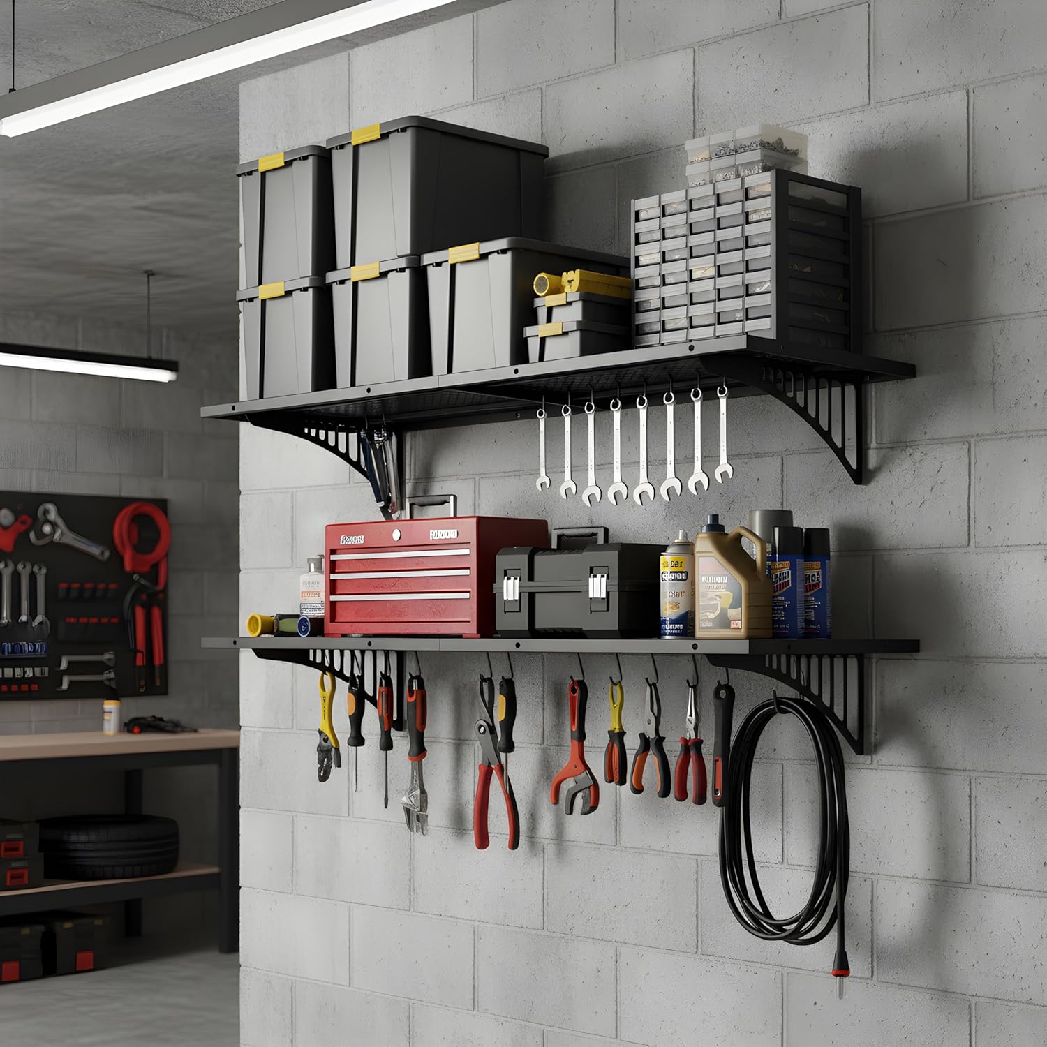 2-Pack 1.6x4FT Garage Wall Shelving, Metal Garage Shelves Wall-Mounted, 600 lbs Capacity Heavy Duty Floating Shelves, Black