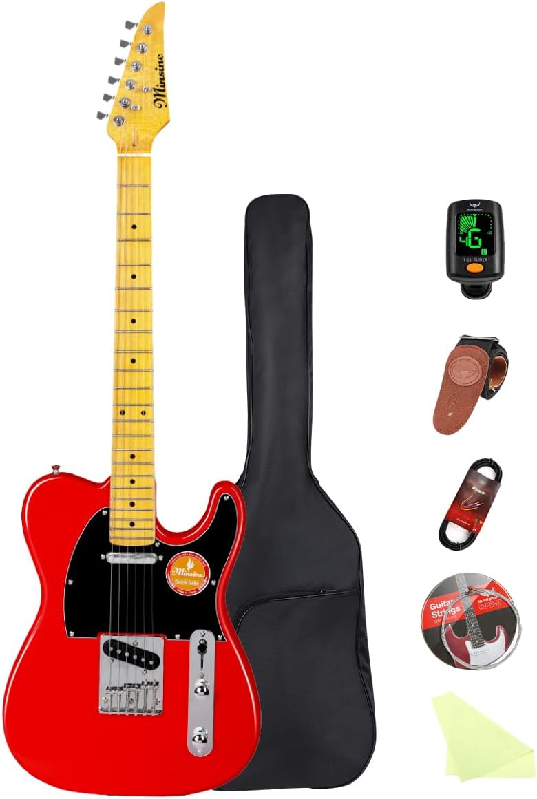 Electric Guitar Beginner Kit TL Series, Full-Size Paulownia Wood Body, C-Shape Neck, Guitarra Electrica, Accessories Pack Guitar Bag MS110 (Red)