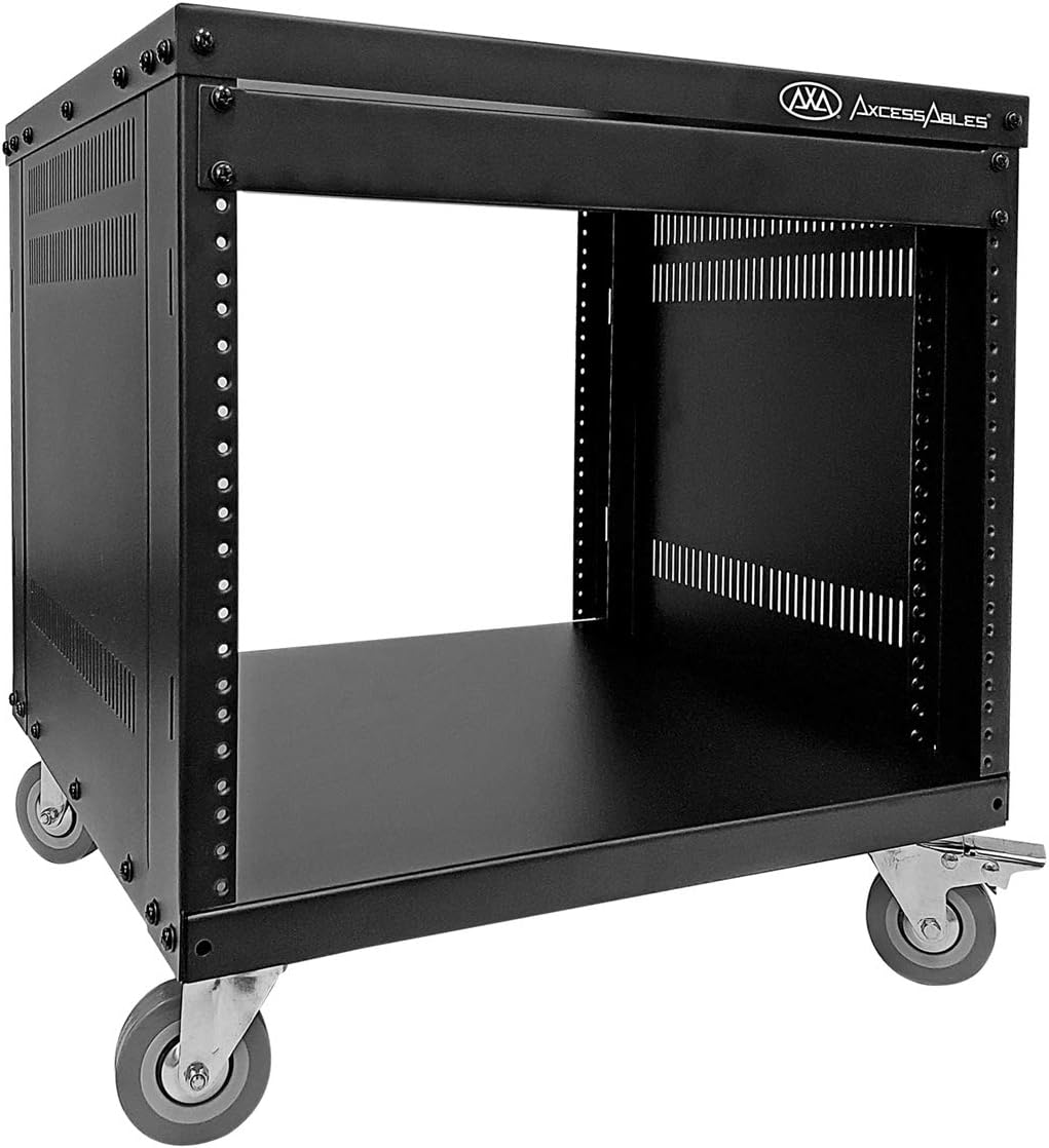 AxcessAbles RK 8U Equipment Rolling Cabinet Rack Stand with Locking Caster Wheels (Compatible with American 5mm & European 6mm Racks) Audio Video, Recording Studio, Music, Live Sound, Church Storage