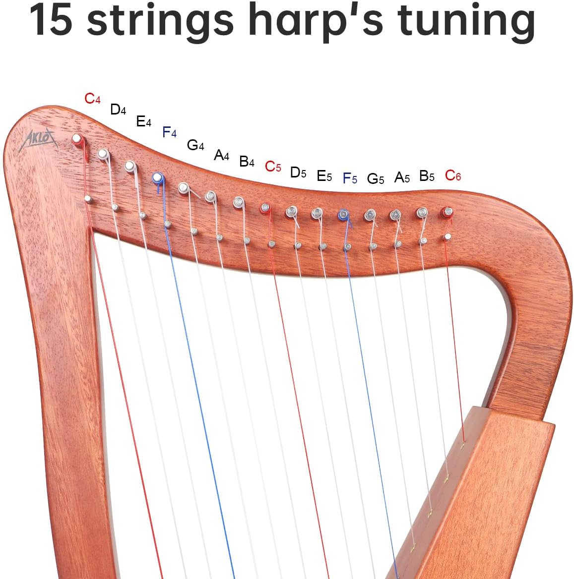 Harp, AKLOT 15 Strings Mahogany Lyer Harp 22 inch Height with Electric Box, Tuning Wrench, Black Bag and Strap,Lyer Kit Gift for Adult Professional Beginner