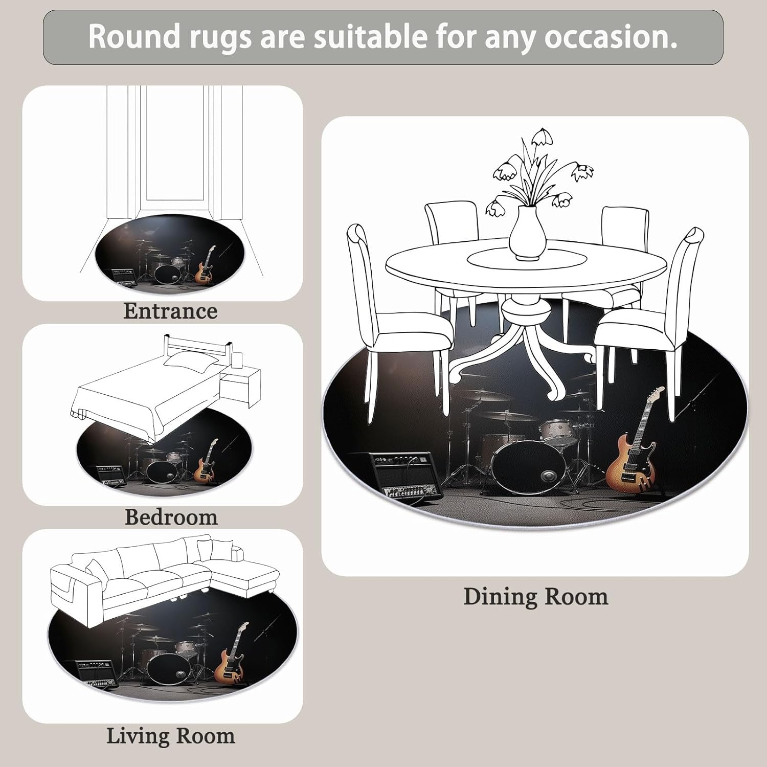 Round Area Rugs Modern Drums Electric Guitar Pattern, Black Non-Skid Lightweight Washable Area Rugs - 5 ft Soft Durable Circle Carpet for Bedroom Living Room Baby Room Nursery Bathroom Home Decor