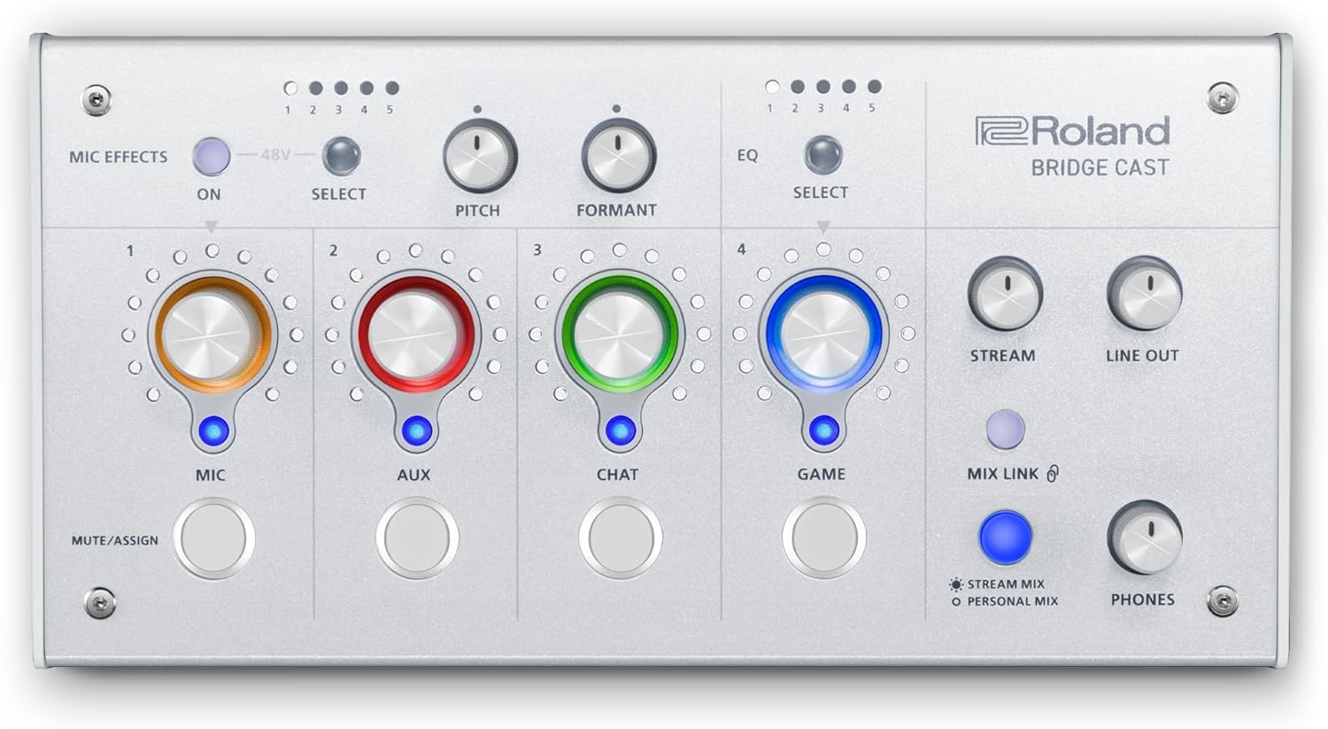 Roland BRIDGE CAST Dual Bus Gaming Mixer in Ice White | Pro Audio Streaming Interface and Mixer for Online Gamers | 32-Bit Hardware DSP | USB-C Windows and Mac Connectivity | XLR Input for Microphones