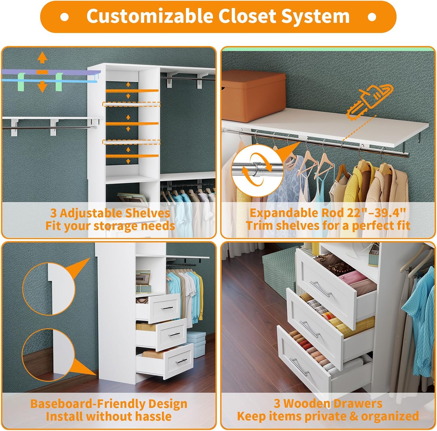 Closet System with Drawers, 5FT-8FT Closet Organizer System 96