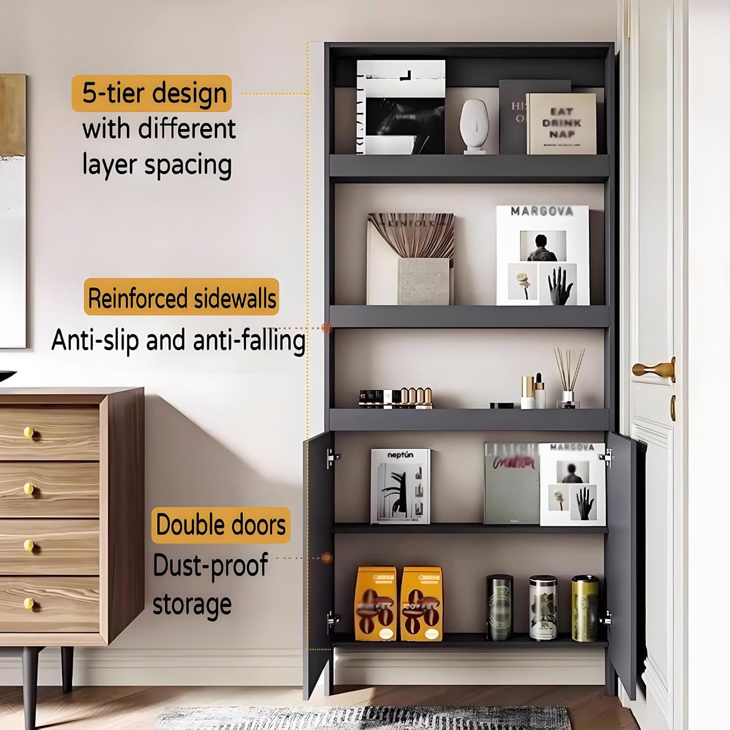 LINLIUA Behind The Door Bookshelf, 5 Shelf Behind Door Shelves with Storage, Space-Saving Wall Mount Narrow Bookcase Cabinet for Living Room Bedroom Children's Room