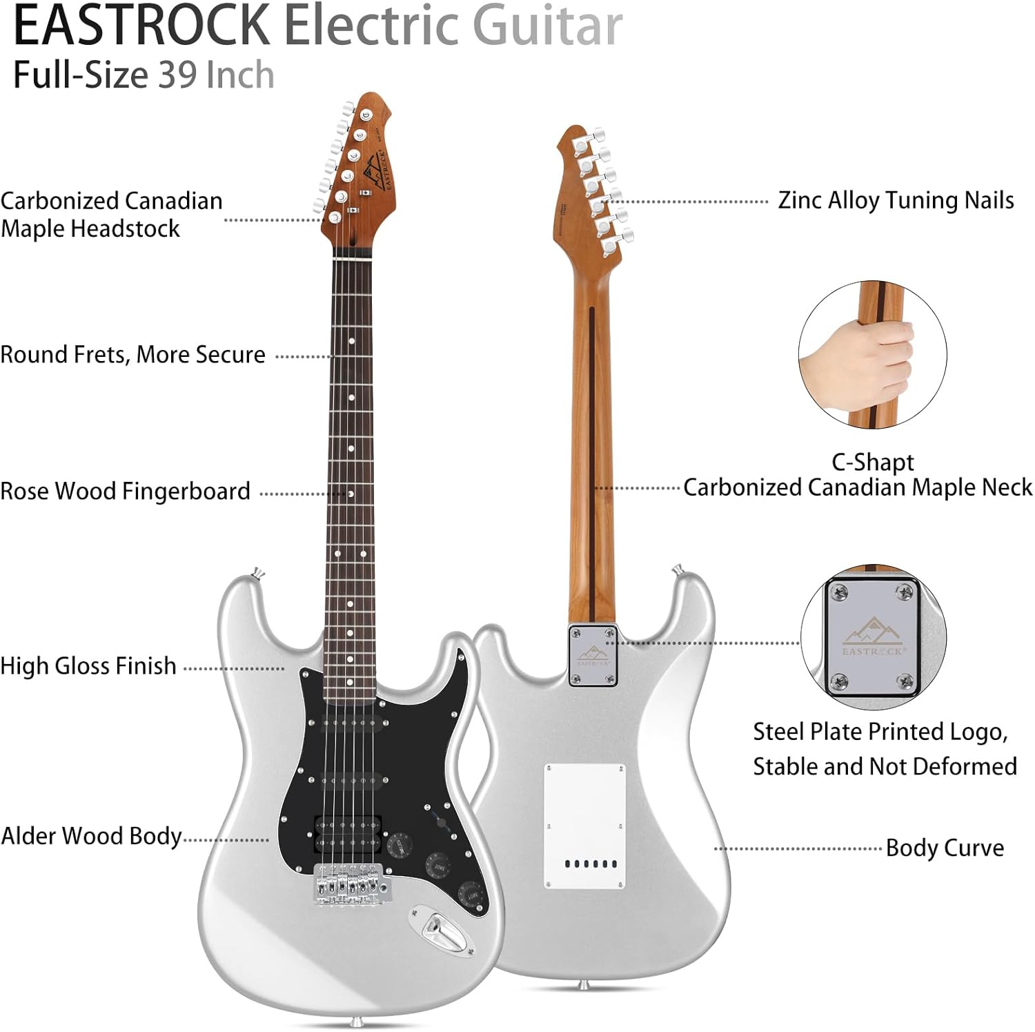 EASTROCK 39 inch Full-Size Electric Guitar Kit for Beginner Starte Bag, Capo, Shoulder Strap, String, Cable, Picks. (39
