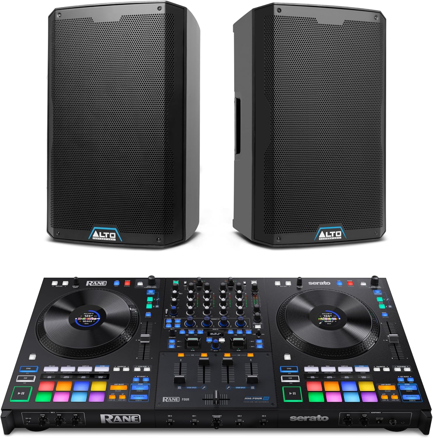 Rane FOUR DJ Controller and ALTO TS415 Powered PA Speakers Pair for Live Music, DJ sets, Events, Music production