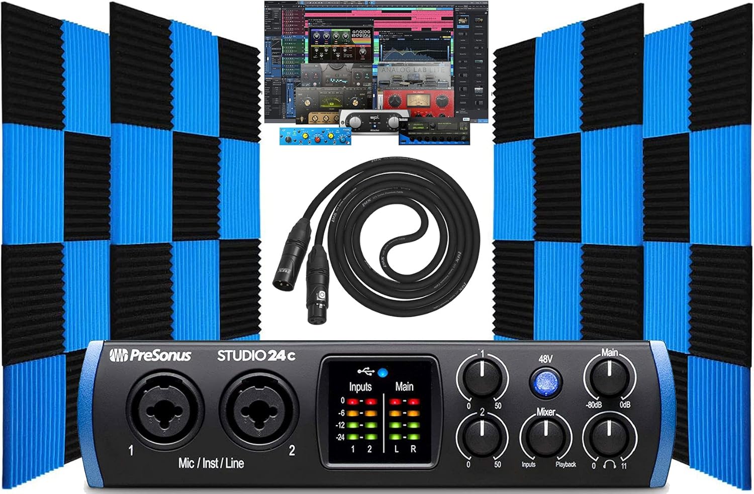 PreSonus Studio 24c 2x2 USB Type-C Audio/MIDI Interface with XLR Bundle with Studio One Artist Software Pack with 24 Pack Acoustic Soundproof Studio Foam Wedges Sound Insulation Panels